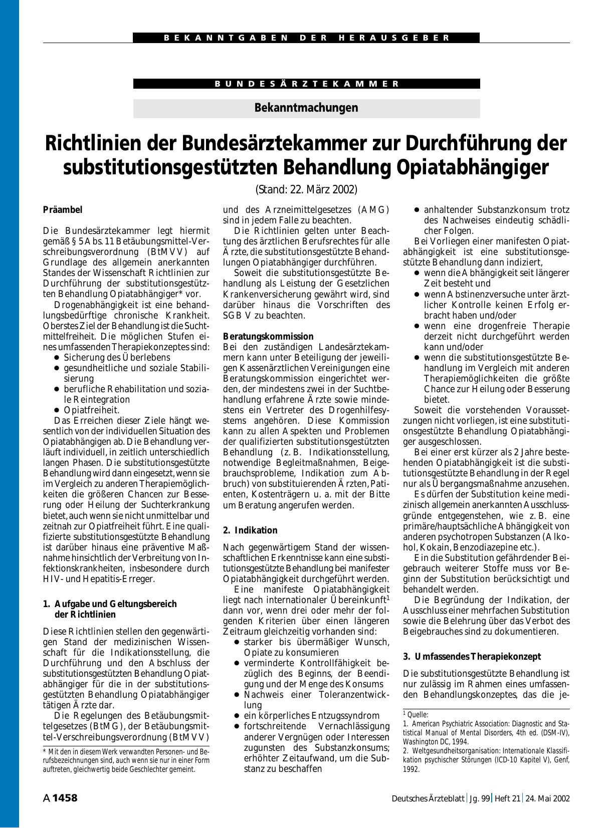 Vorschauseite 1: Bekanntmachungen – Richtlinien der Bundesärztekammer zur Durchführung der substitutionsgestützten Behandlung Opiatabhängiger (Stand: 22. März 2002)