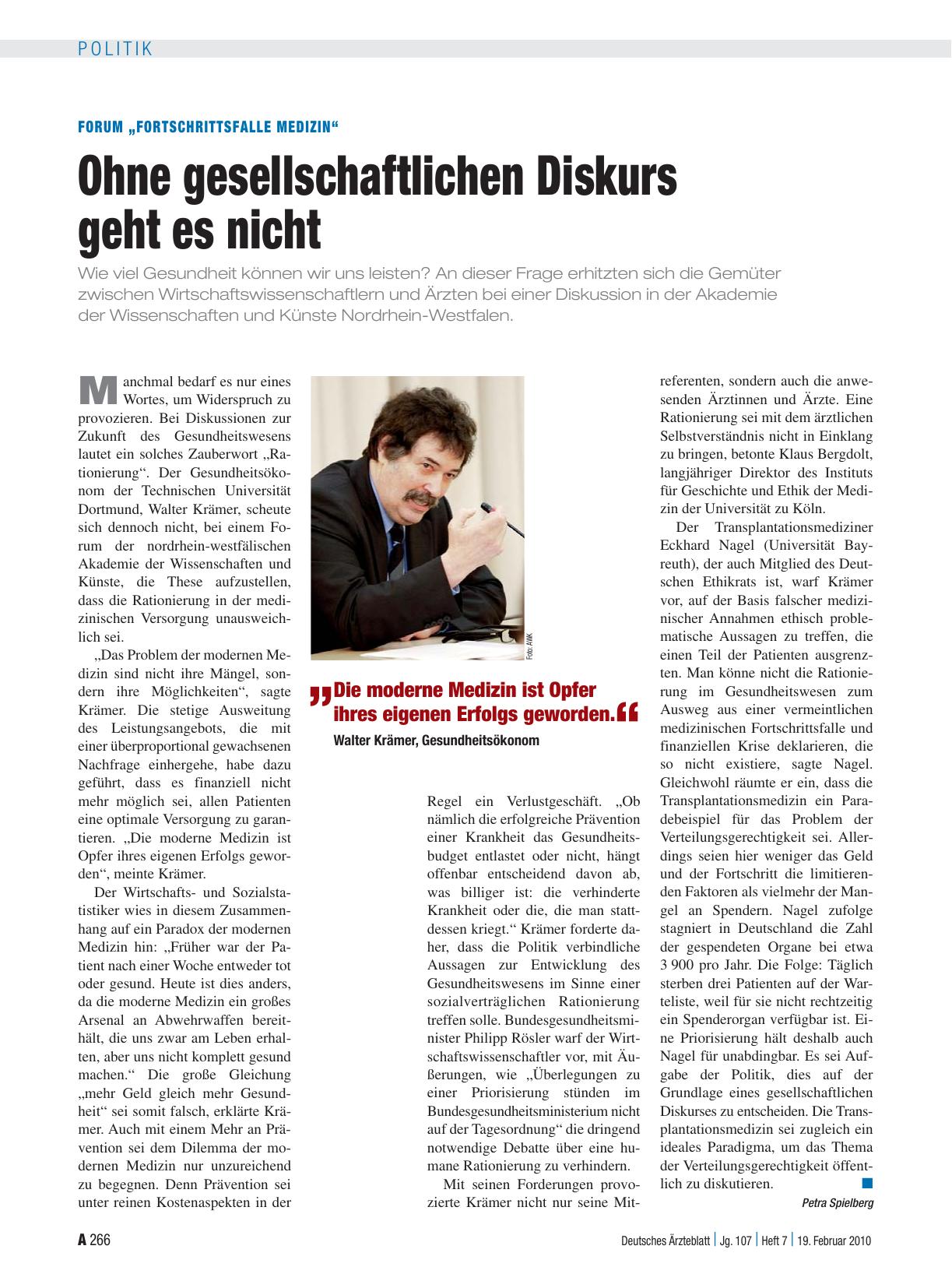 Vorschauseite 1: Forum „Fortschrittsfalle Medizin“: Ohne gesellschaftlichen Diskurs geht es nicht