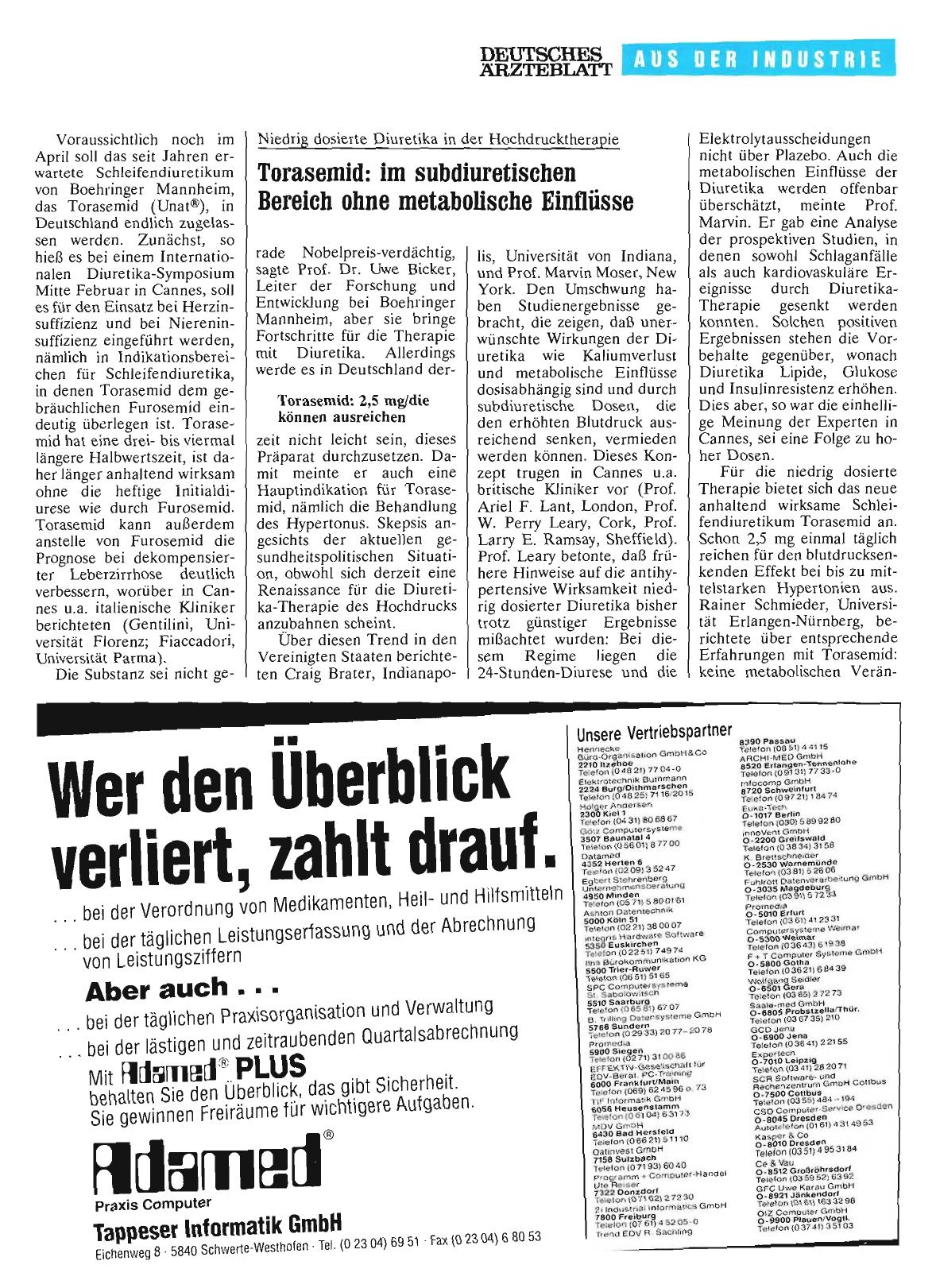Vorschauseite 1: Niedrig dosierte Diuretika in der Hochdrucktherpie: Torasemid: Im subdiuretischen Bereich ohne metabolische Einflüsse