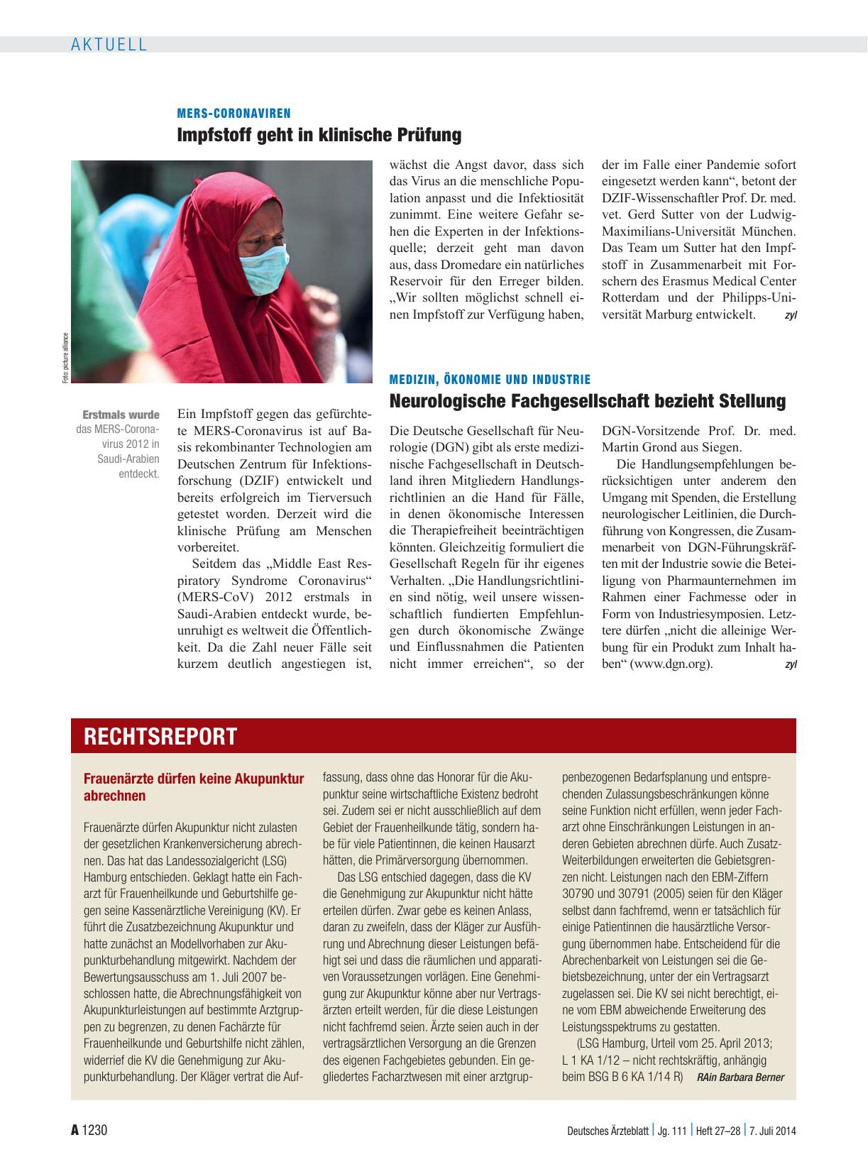 Vorschauseite 1: MERS-Coronaviren: Impfstoff geht in klinische Prüfung