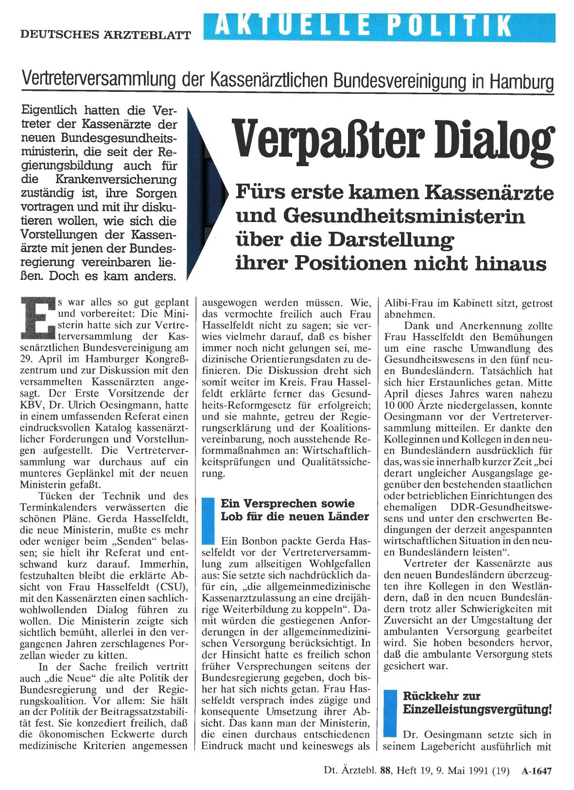 Vorschauseite 1: Vertreterversammlung der Kassenärztlichen Bundesvereinigung in Hamburg: Verpaßter Dialog
