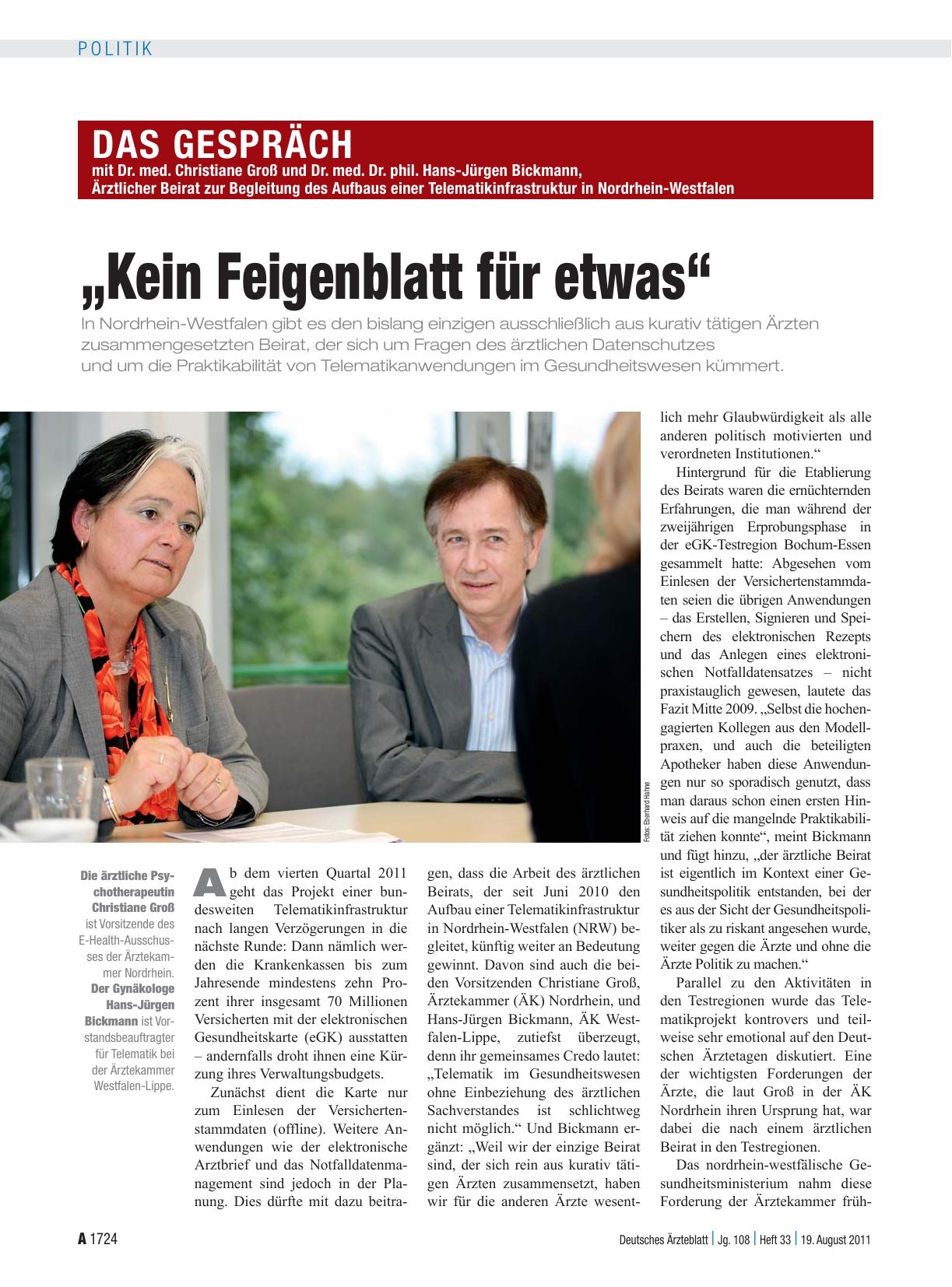 Vorschauseite 1: Das Gespräch mit Dr. med. Christiane Groß und Dr. med. Dr. phil. Hans-Jürgen Bickmann, Ärztlicher Beirat zur Begleitung des Aufbaus einer Telematikinfrastruktur in Nordrhein-Westf…