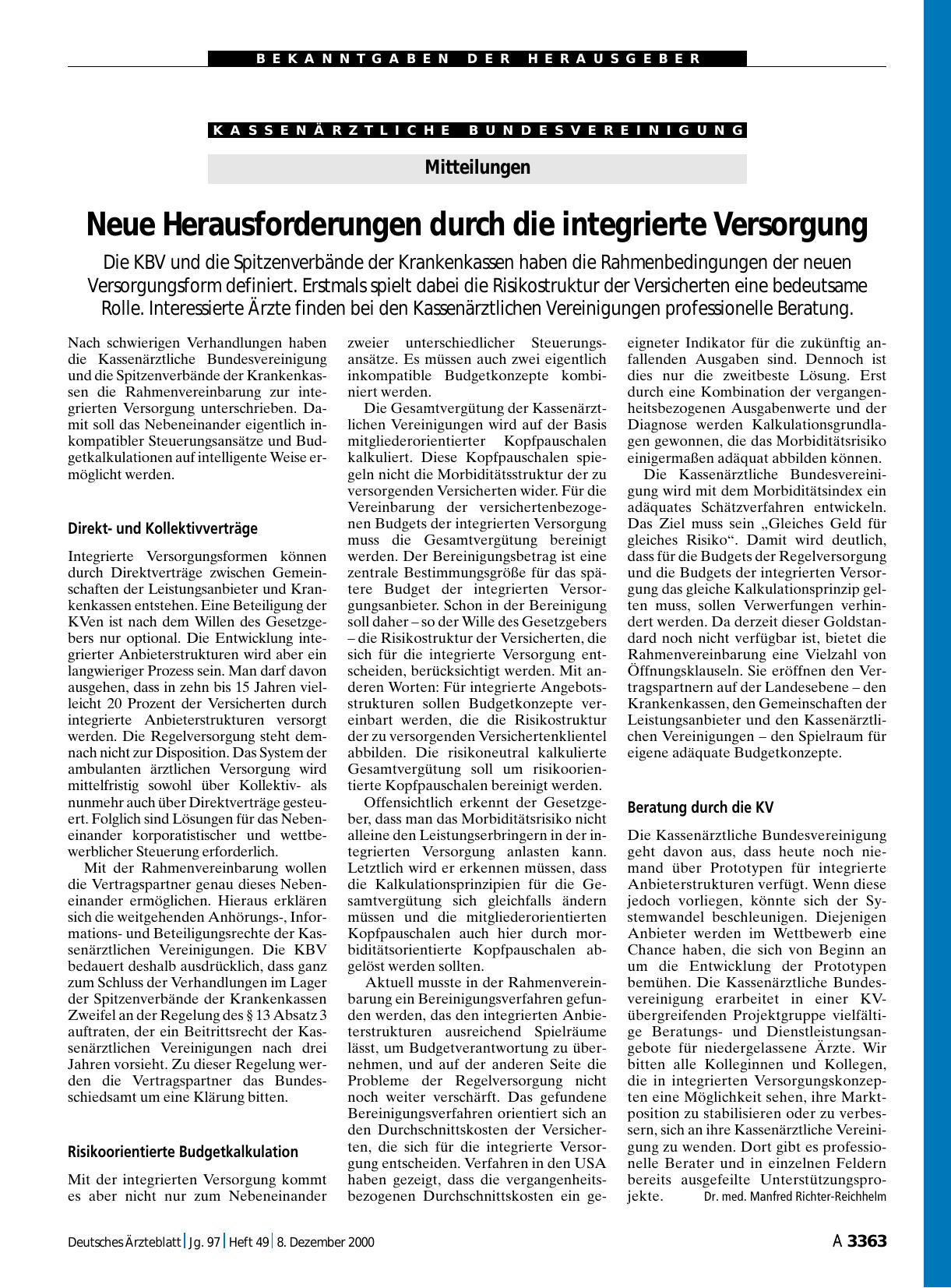 Vorschauseite 1: Mitteilungen: Neue Herausforderungen durch die integrierte Versorgung