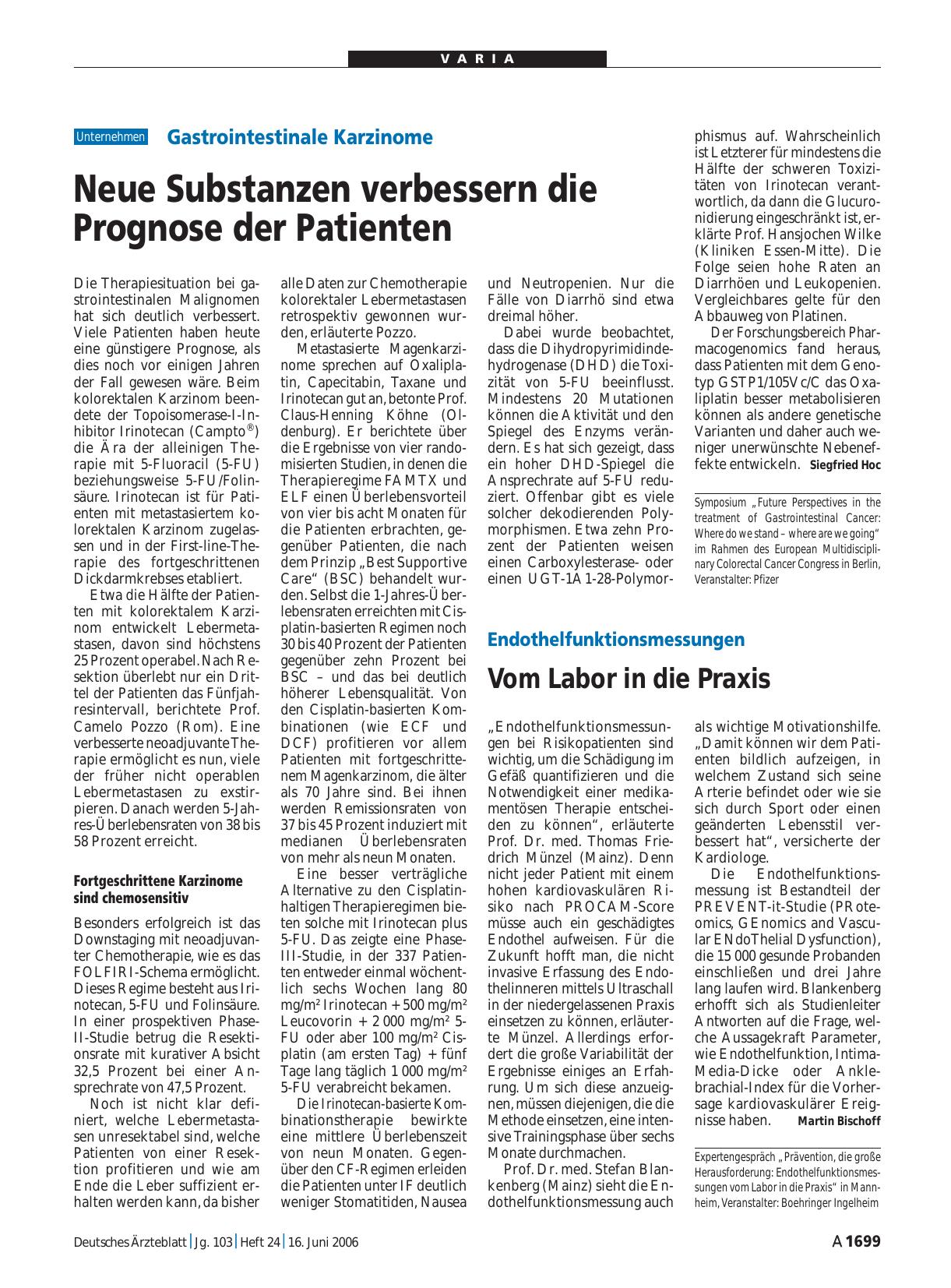 Vorschauseite 1: Gastrointestinale Karzinome: Neue Substanzen verbessern die Prognose der Patienten