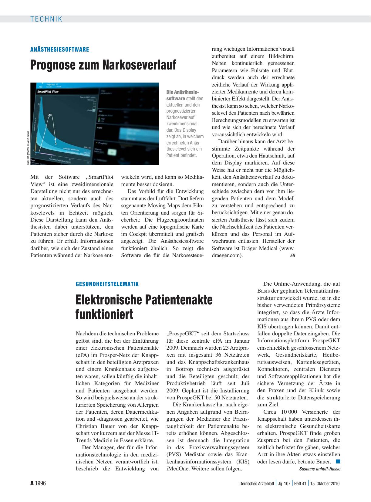 Vorschauseite 1: Anästhesiesoftware: Prognose zum Narkoseverlauf