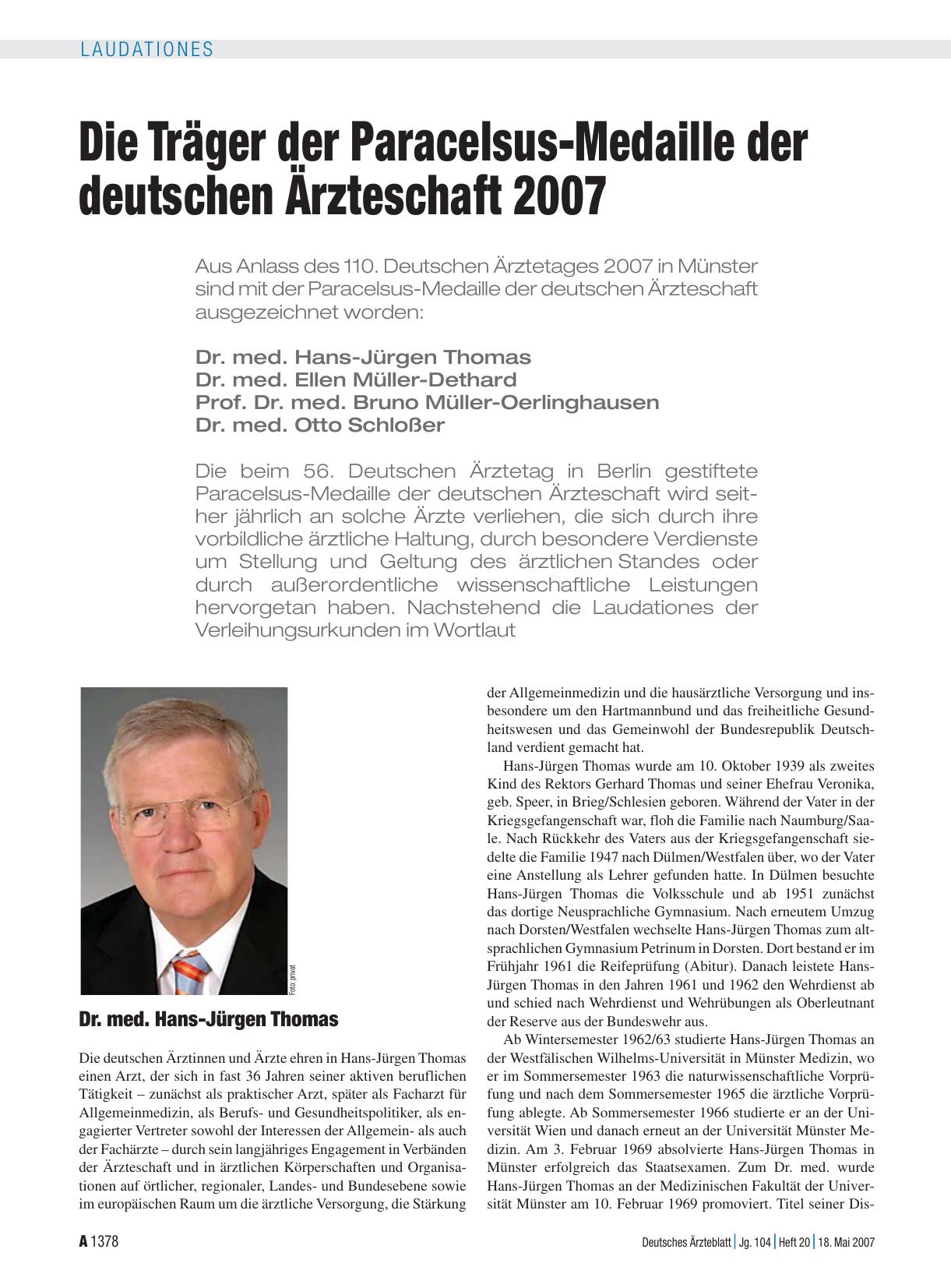 Vorschauseite 1: Die Träger der Paracelsus-Medaille der deutschen Ärzteschaft 2007