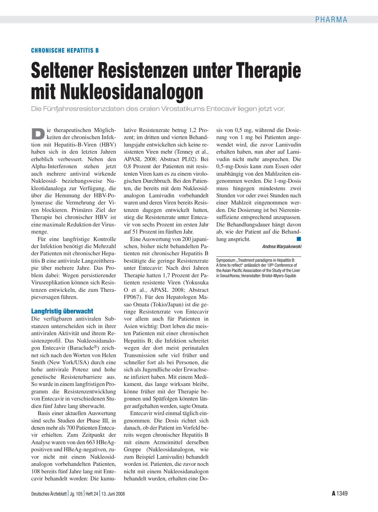 Vorschauseite 1: Chronische Hepatitis B: Seltener Resistenzen unter Therapie mit Nukleosidanalogon