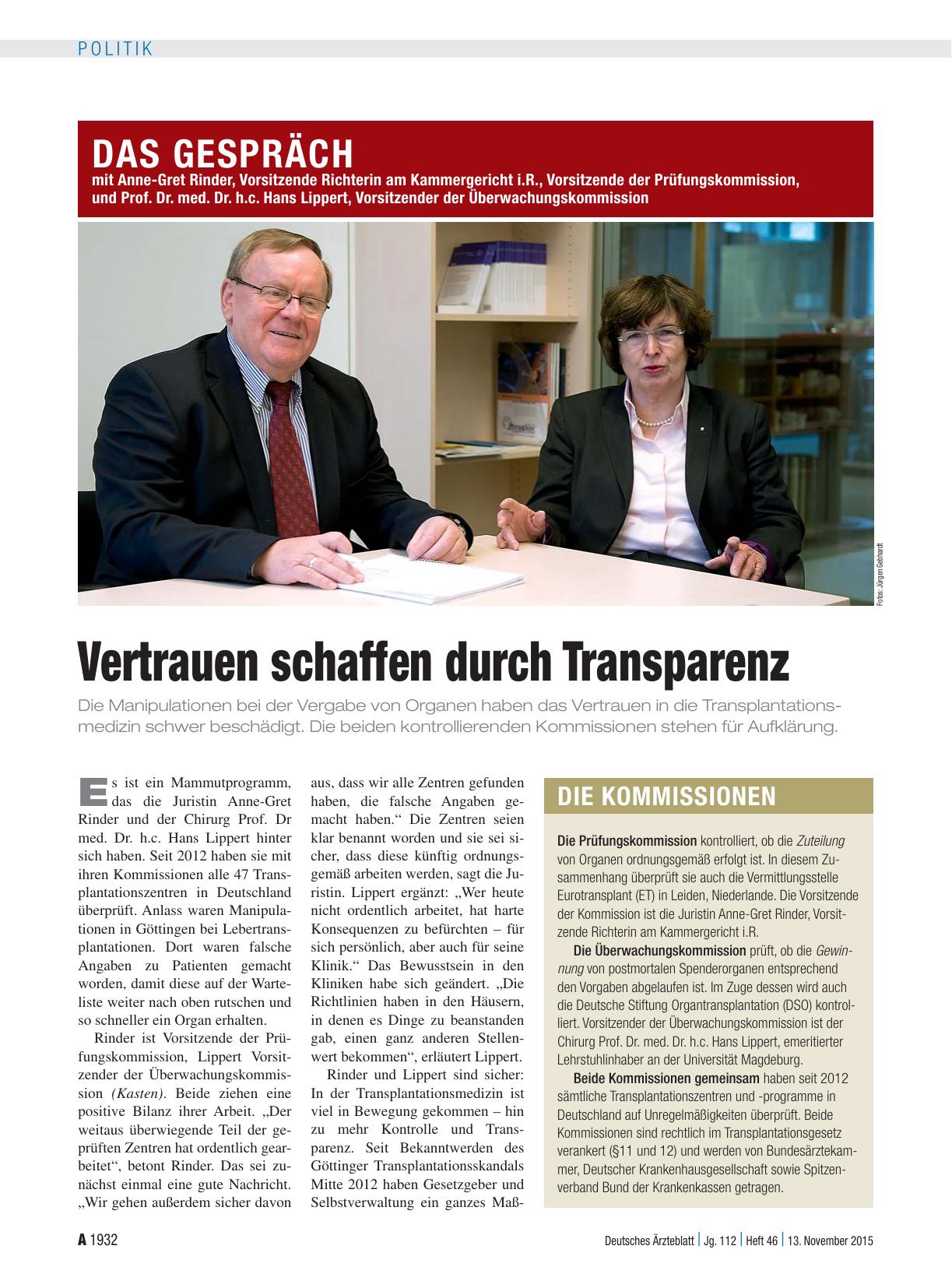 Vorschauseite 1: Das Gespräch mit Anne-Gret Rinder, Vorsitzende Richterin am Kammergericht i.R., Vorsitzende der Prüfungskommission, und Prof. Dr. med. Dr. h.c. Hans Lippert, Vorsitzender der Über…