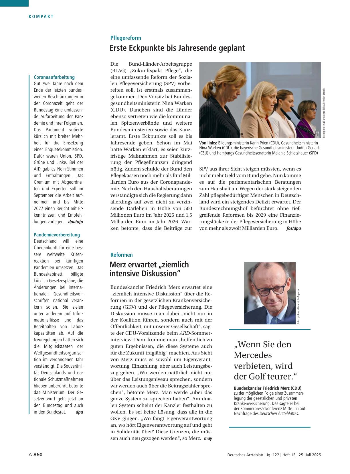 Vorschauseite 1: Reformen: Merz erwartet „ziemlich intensive Diskussion“