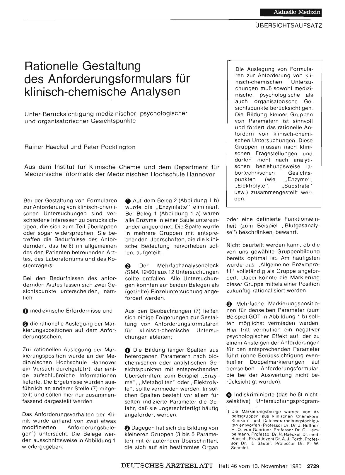 Vorschauseite 1: Rationelle Gestaltung des Anforderungsformulars für klinisch-chemische Analysen: Unter Berücksichtigung medizinischer, psychologischer und organisatorischer Gesichtspunkte