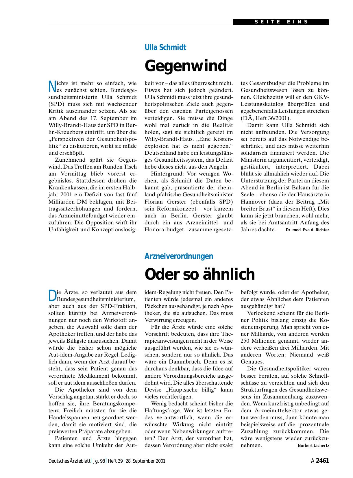 Vorschauseite 1: Ulla Schmidt: Gegenwind