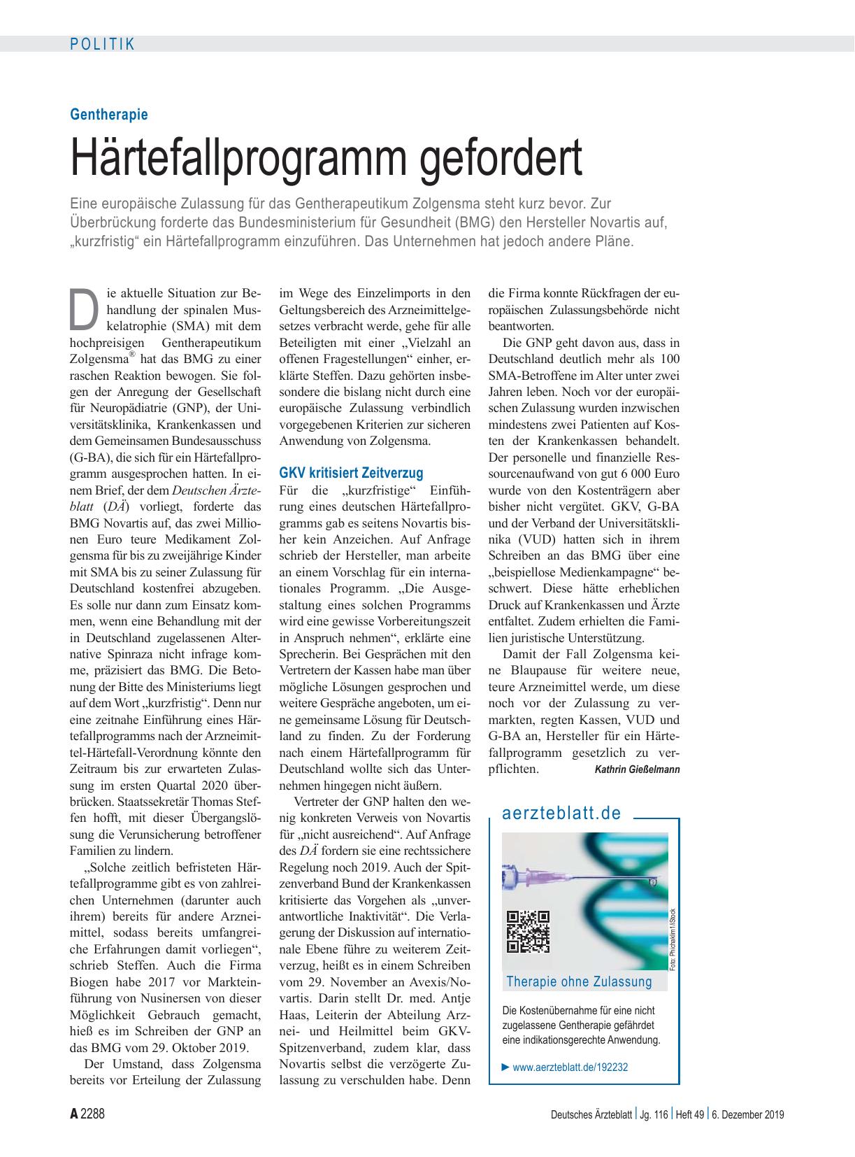 Vorschauseite 1: Gentherapie: Härtefallprogramm gefordert