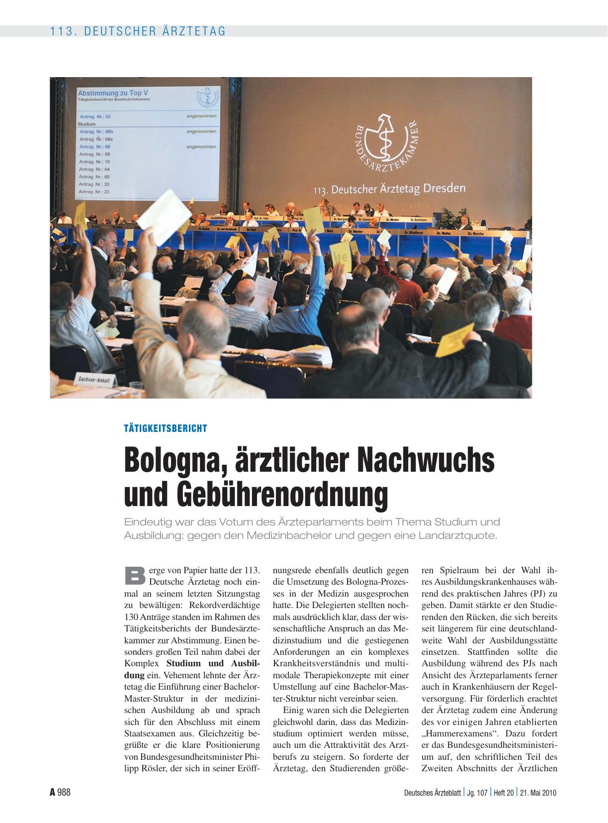 Vorschauseite 1: Tätigkeitsbericht: Bologna, ärztlicher Nachwuchs und Gebührenordnung