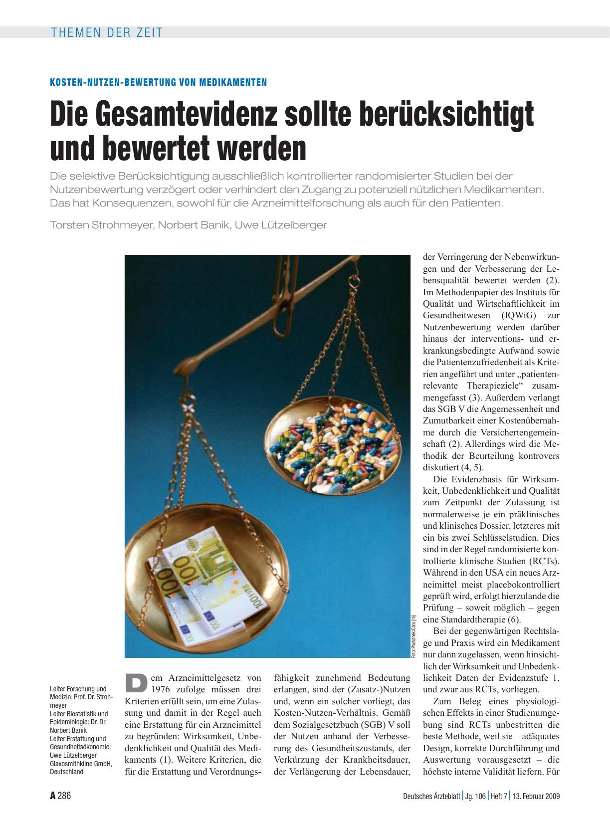 Vorschauseite 1: Kosten-Nutzen-Bewertung von Medikamenten: Die Gesamtevidenz sollte berücksichtigt und bewertet werden