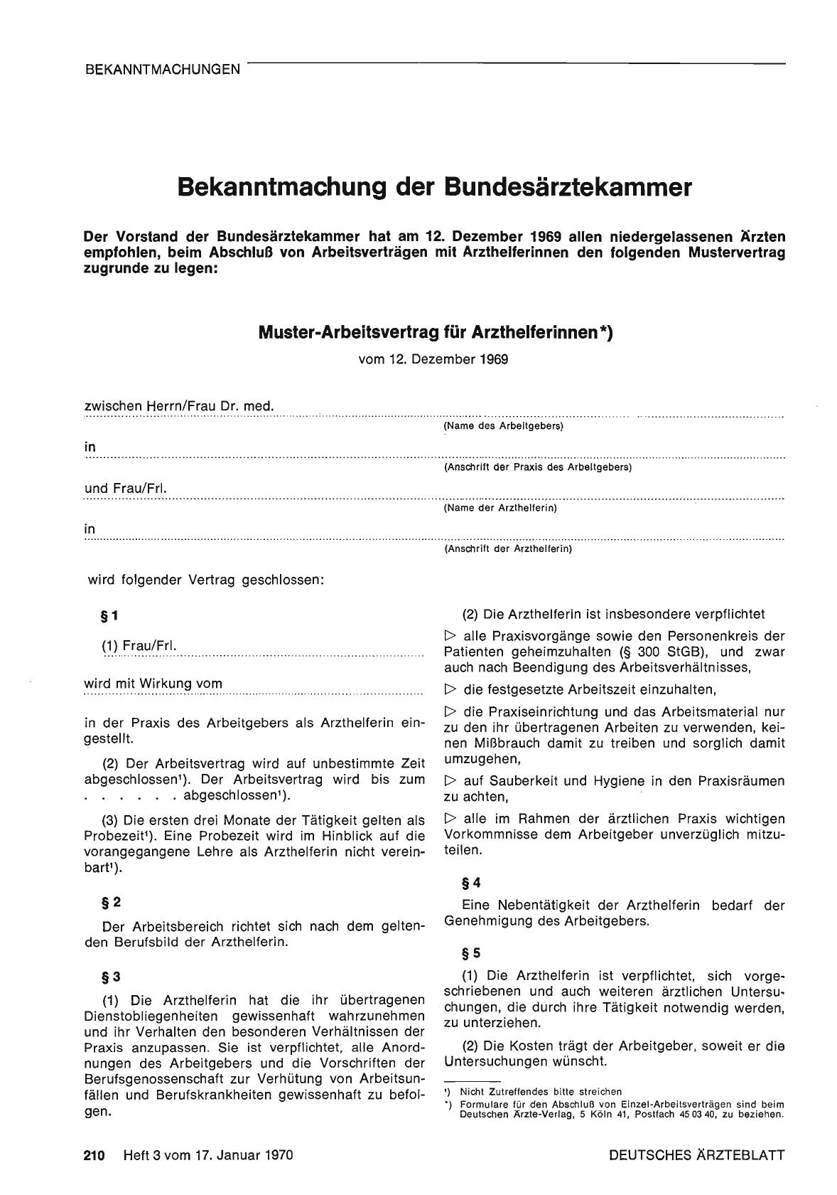 Vorschauseite 1: Bekanntmachung der Bundesärztekammer: Muster-Arbeitsvertrag für Arzthelferinnen