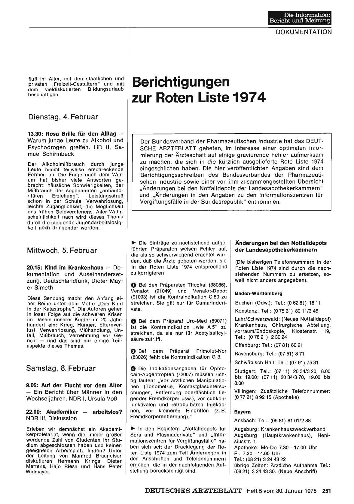 Vorschauseite 1: Berichtigungen zur Roten Liste 1974