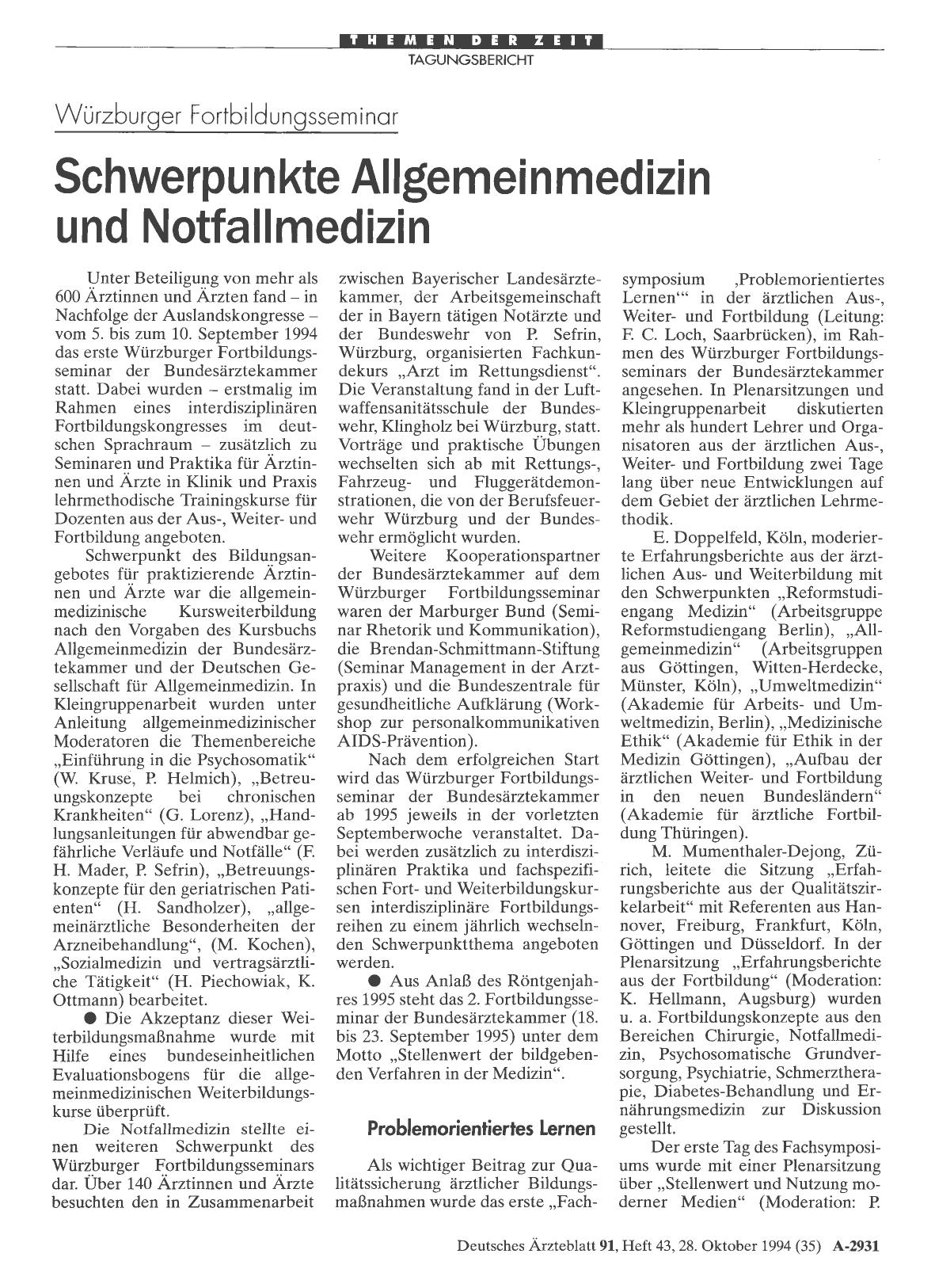 Vorschauseite 1: Würzburger Fortbildungsseminar: Schwerpunkte Allgemeinmedizin und Notfallmedizin