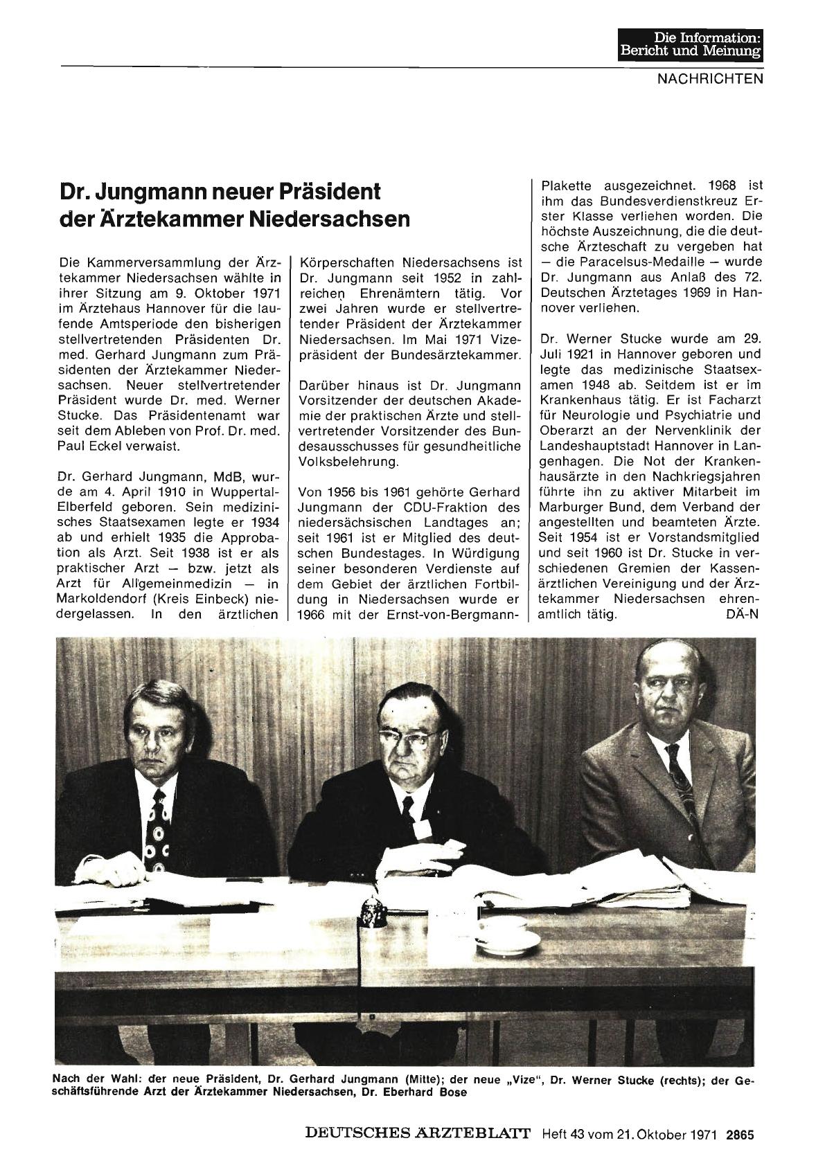 Vorschauseite 1: Dr. Jungmann neuer Präsident der Ärztekammer Niedersachsen