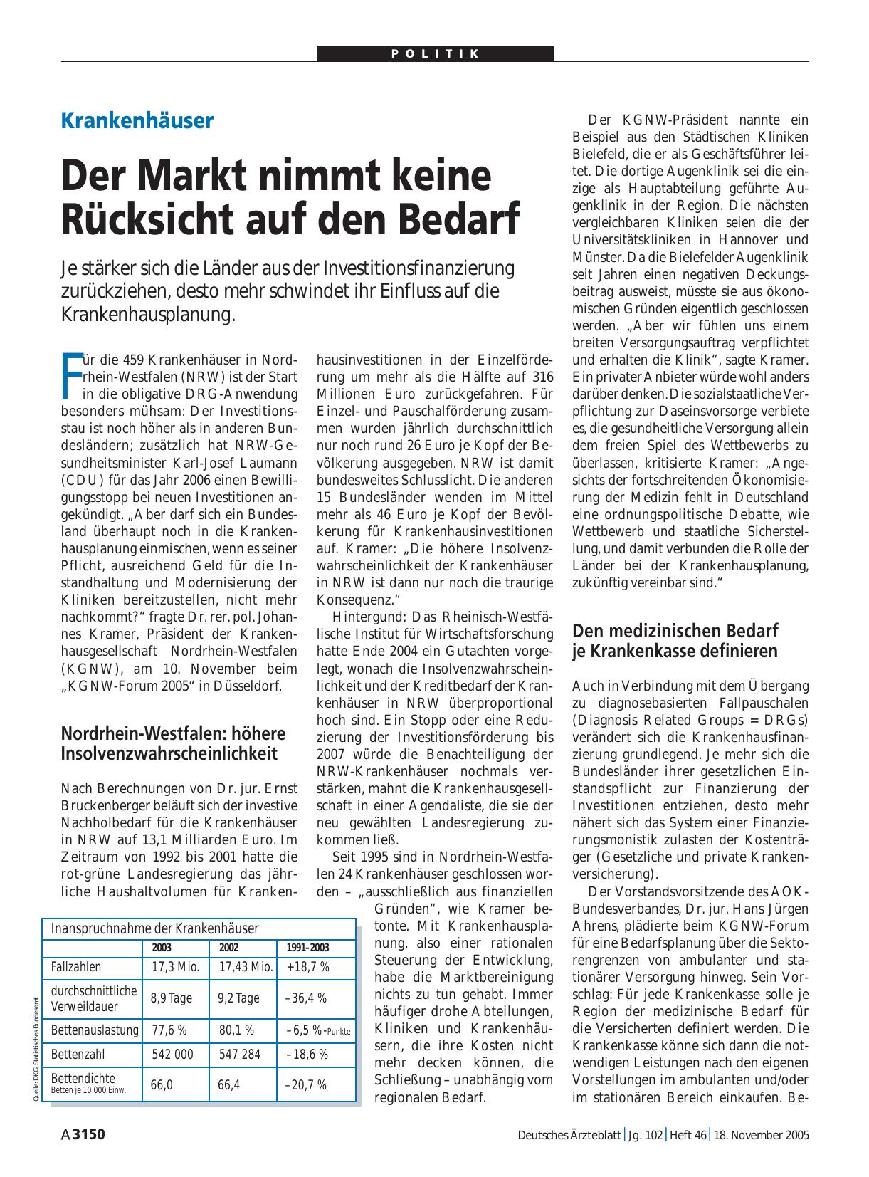 Vorschauseite 1: Krankenhäuser: Der Markt nimmt keine Rücksicht auf den Bedarf