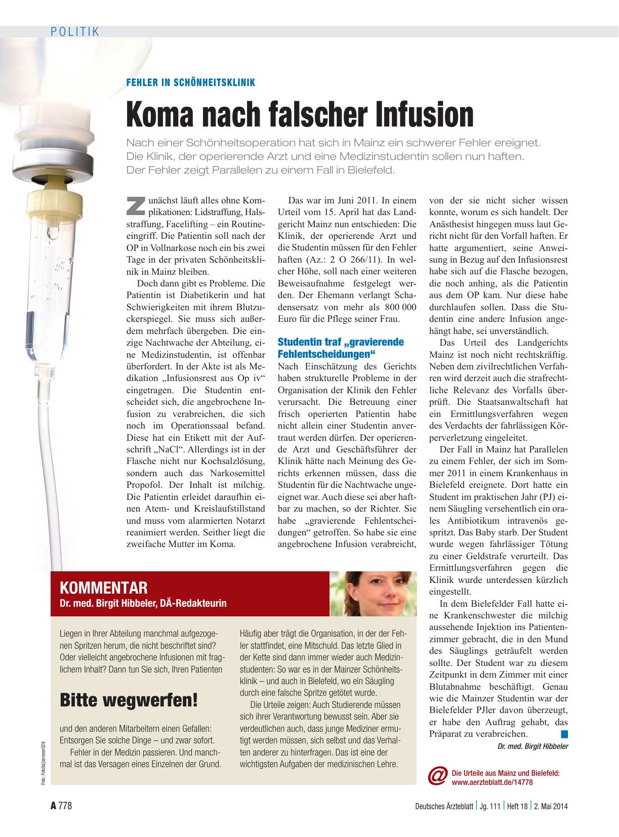 Vorschauseite 1: Fehler in Schönheitsklinik: Koma nach falscher Infusion