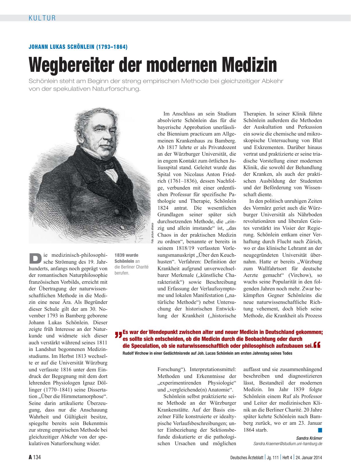Vorschauseite 1: Johann Lukas Schönlein (1793–1864): Wegbereiter der modernen Medizin