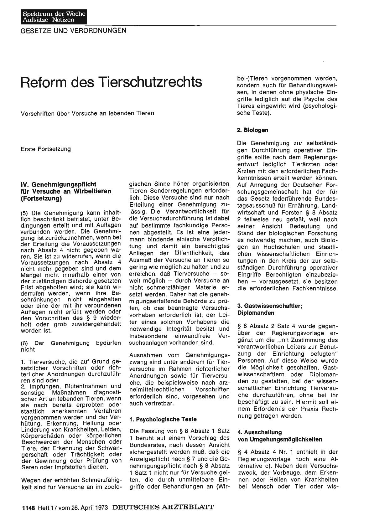 Vorschauseite 1: Reform des Tierschutzrechts: Vorschriften über Versuche an lebenden Tieren