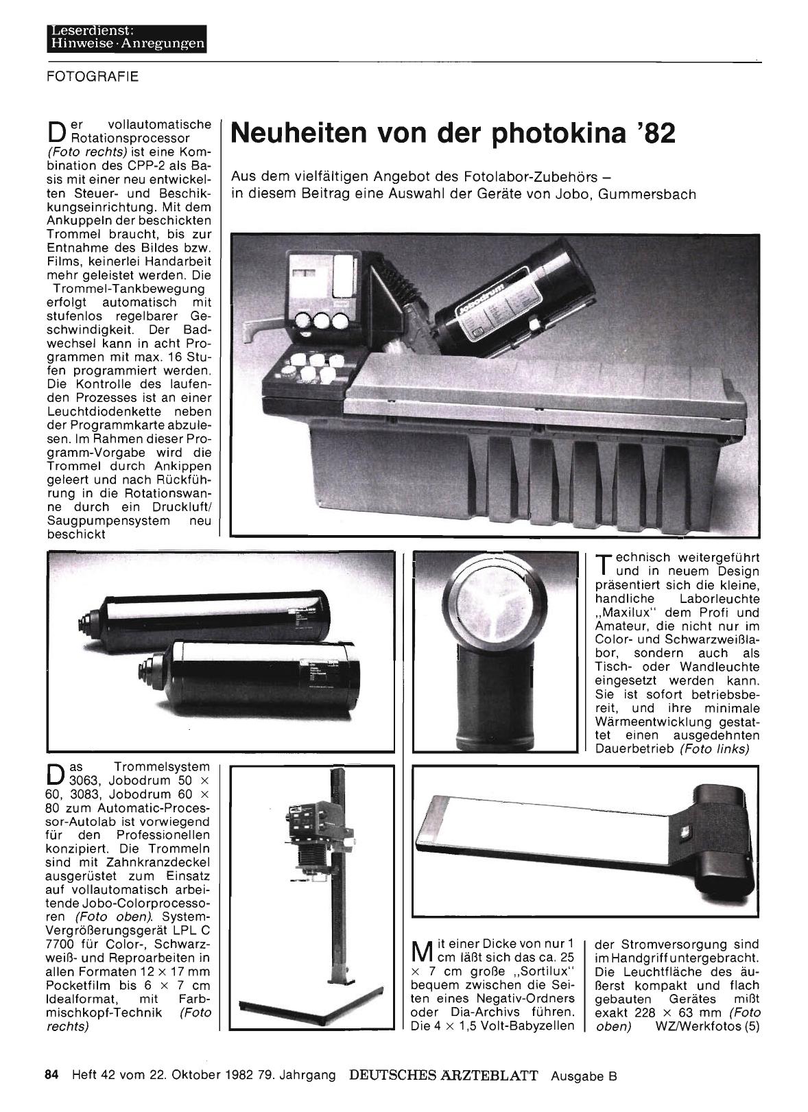 Vorschauseite 1: Neuheiten von der photokina '82: Aus dem vielfältigen Angebot des Fotolabor-Zubehörs — in diesem Beitrag eine Auswahl der Geräte von Jobo, Gummersbach
