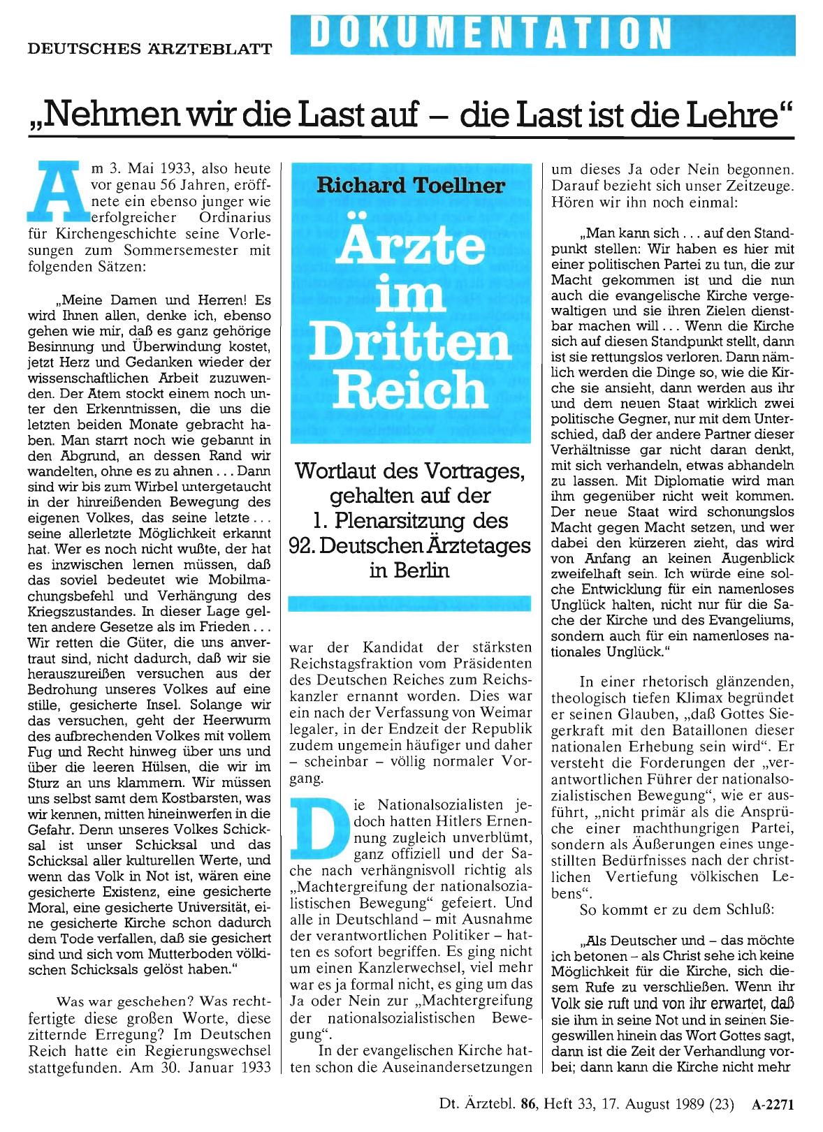 Vorschauseite 1: Ärzte im Dritten Reich: Wortlaut des Vortrages, gehalten auf der 1. Plenarsitzung des 92. Deutschen Ärztetages in Berlin