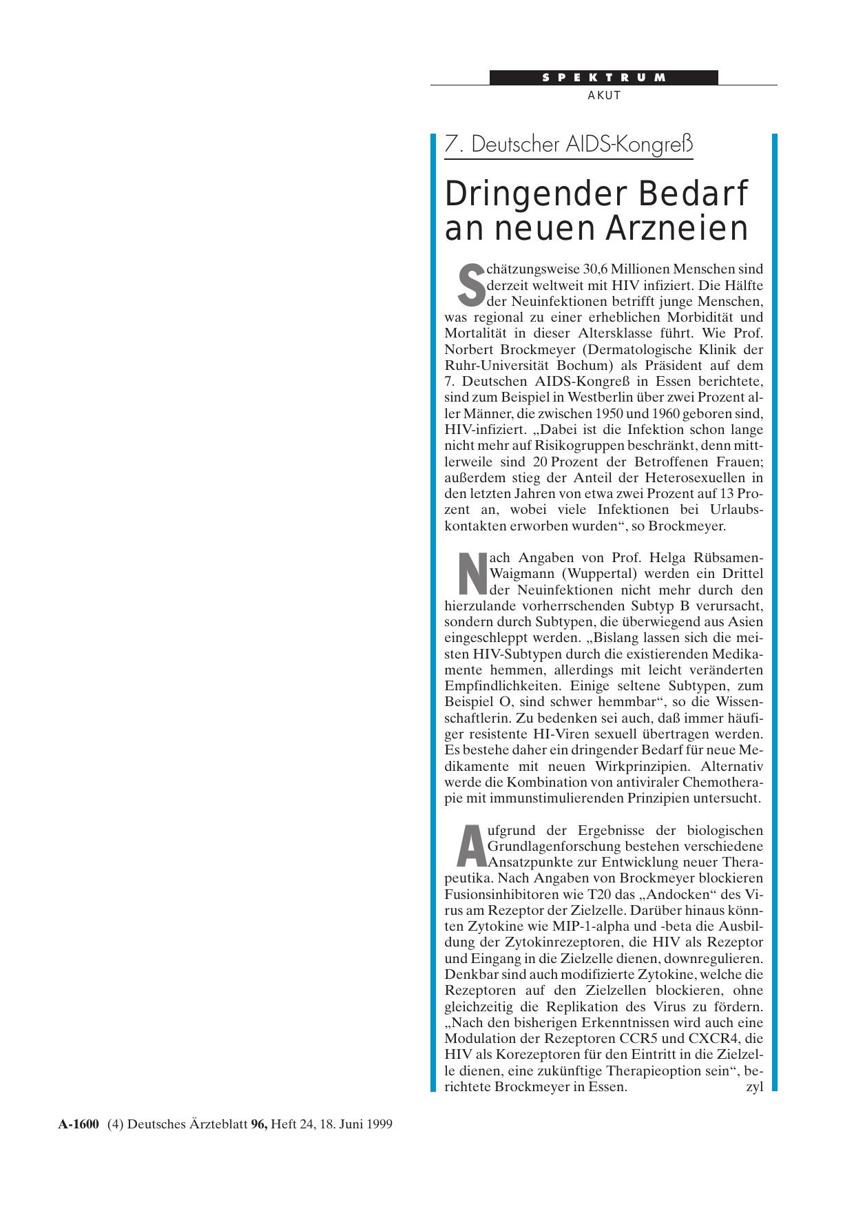 Vorschauseite 1: 7. Deutscher AIDS-Kongreß: Dringender Bedarf an neuen Arzneien