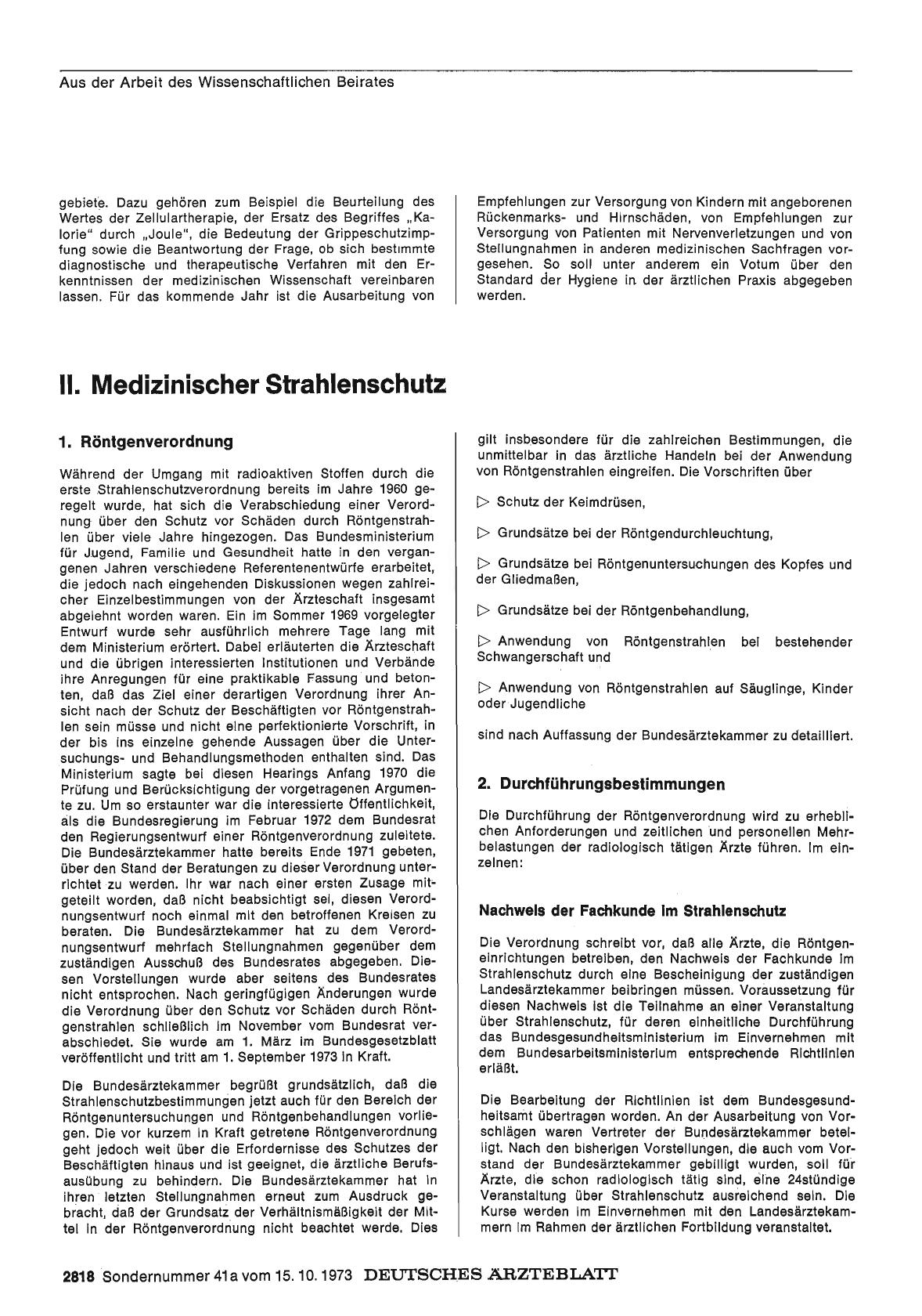 Vorschauseite 1: Bericht über das Jahr 1972/73: F. Wissenschaftlicher Beirat, Strahlenschutz, Normung, Datenschutz: II. Medizinischer Strahlenschutz