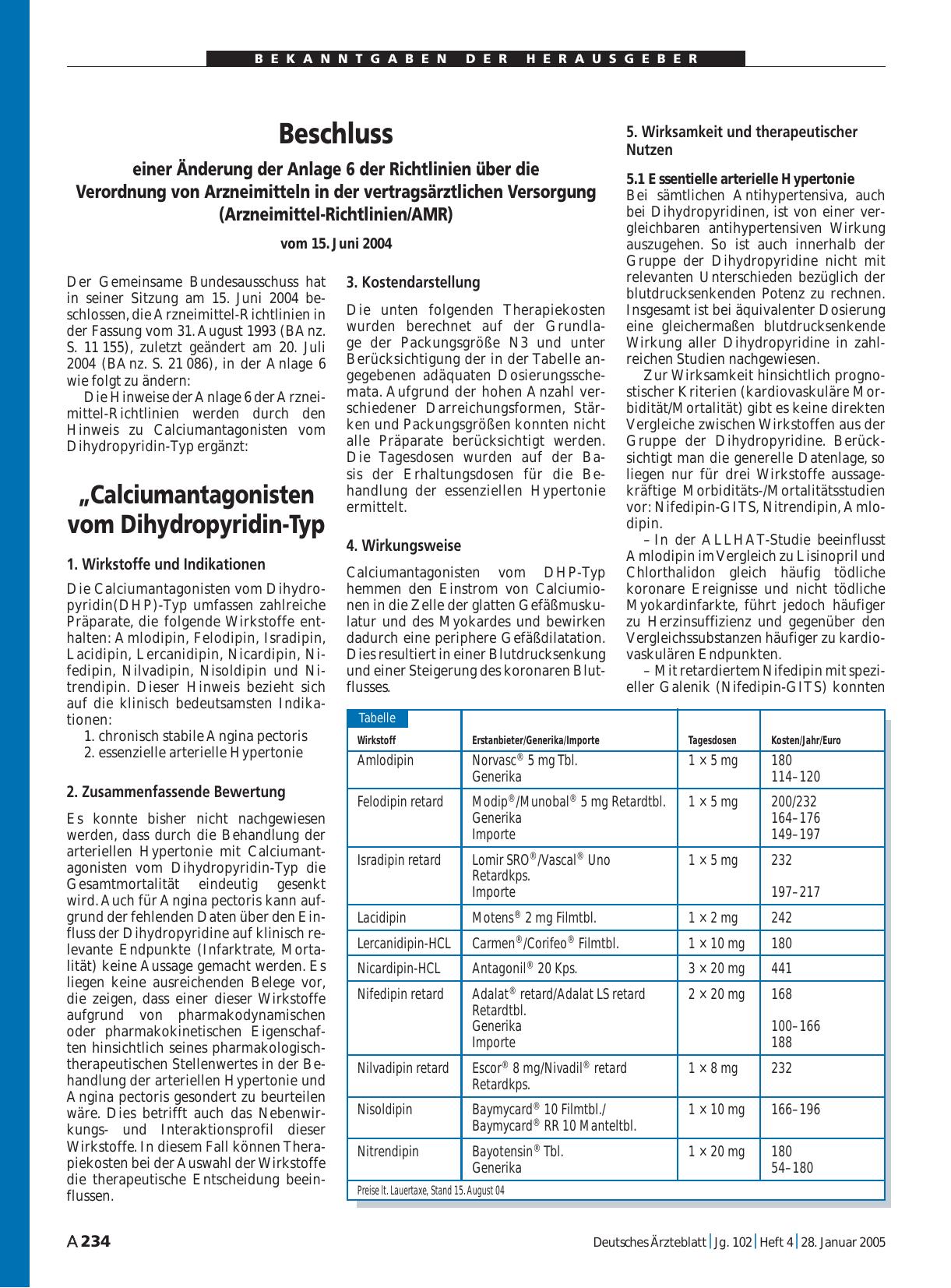 Vorschauseite 1: Beschluss einer Änderung der Anlage 6 der Richtlinien über die Verordnung von Arzneimitteln in der vertragsärztlichen Versorgung (Arzneimittel-Richtlinien/AMR) vom 15. Juni 2004