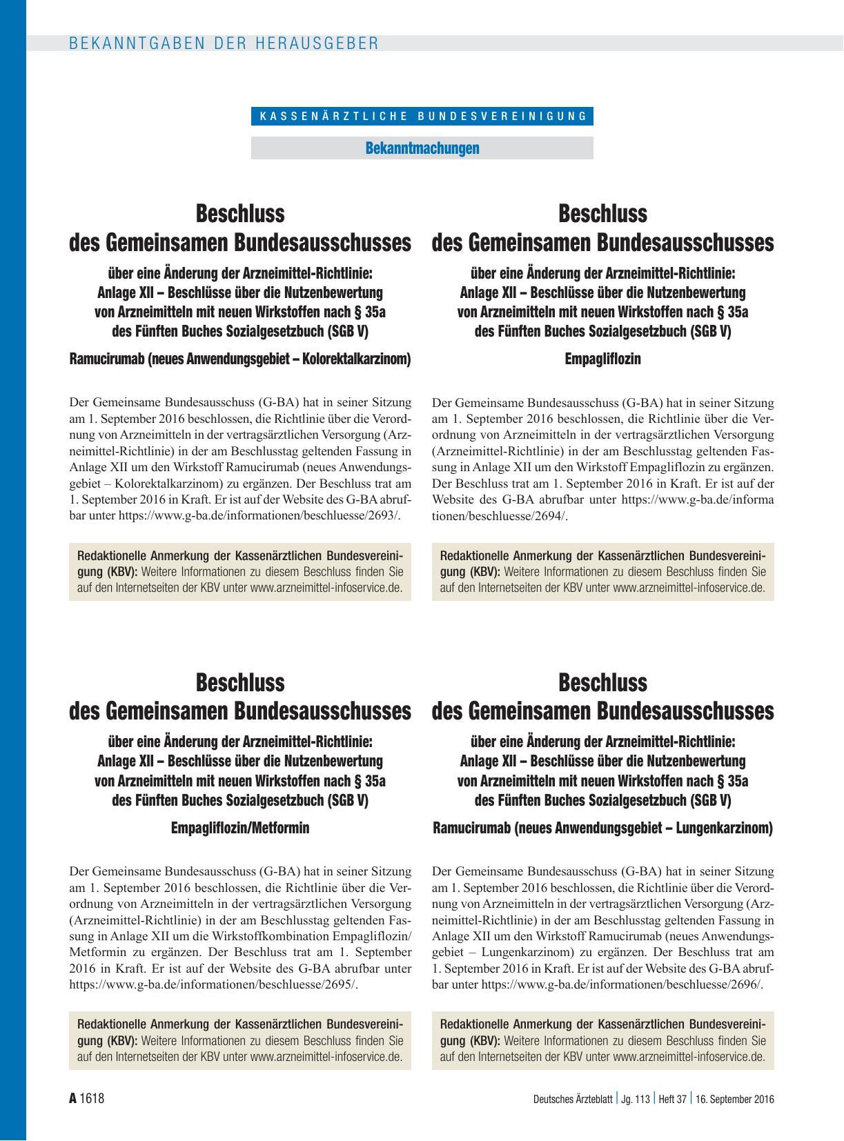 Vorschauseite 1: Beschluss des Gemeinsamen Bundesausschusses über eine Änderung der Arzneimittel-Richtlinie: Anlage XII – Beschlüsse über die Nutzenbewertung von Arzneimitteln mit neuen Wirkstoffe…