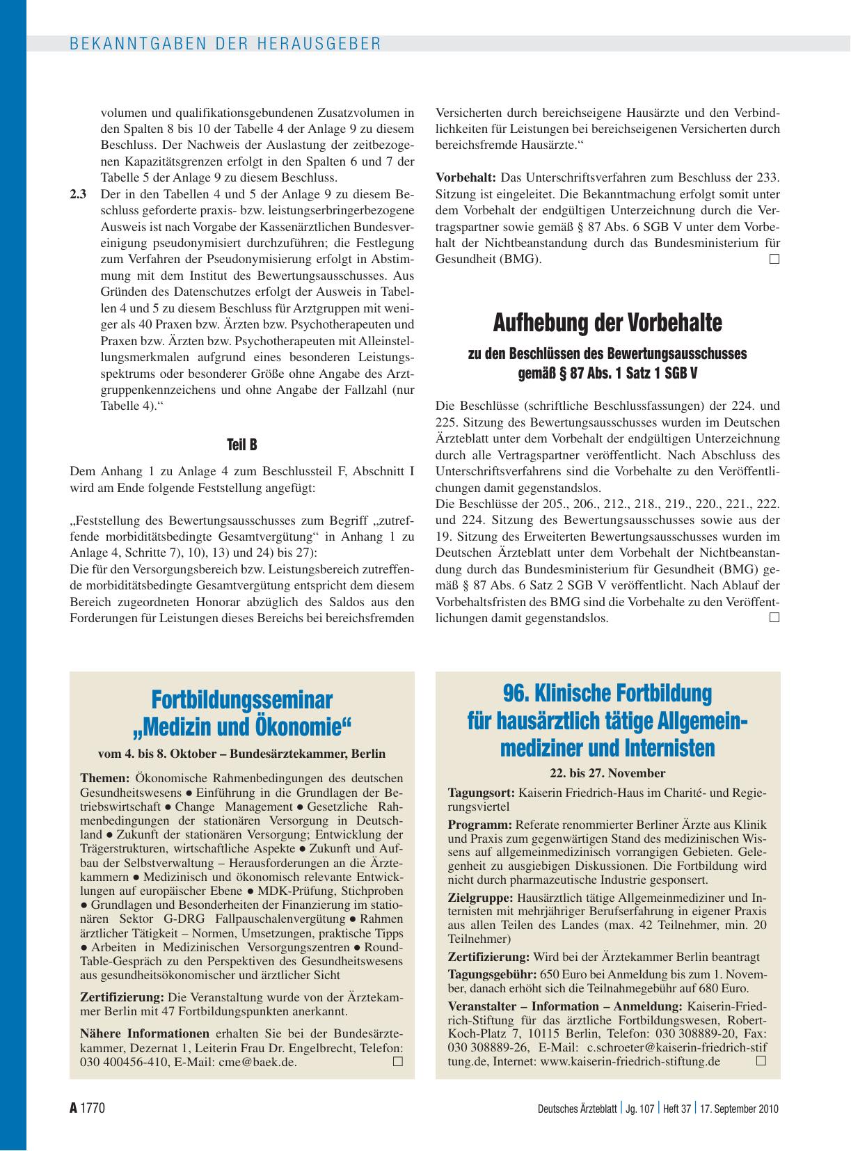 Vorschauseite 1: Fortbildungsseminar „Medizin und Ökonomie“