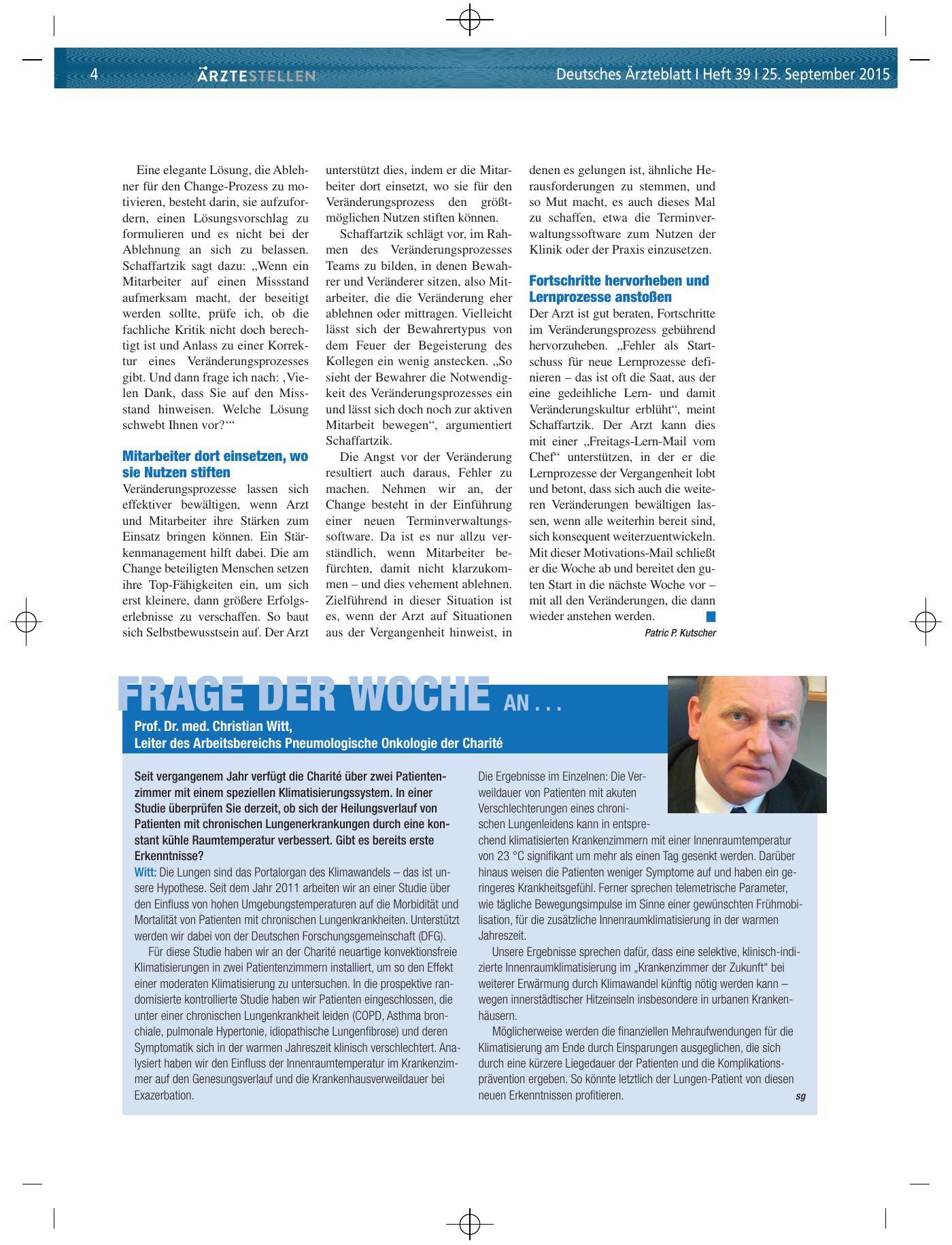 Vorschauseite 1: Frage der Woche an. .. Prof. Dr. med. Christian Witt, Leiter des Arbeitsbereichs Pneumologische Onkologie der Charité