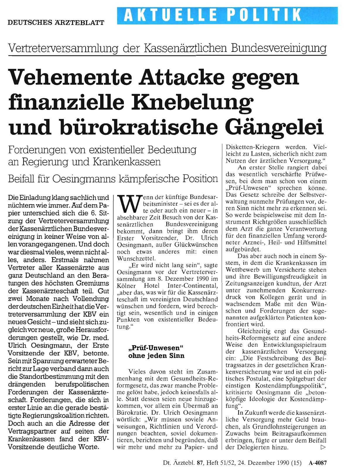 Vorschauseite 1: Vertreterversammlung der Kassenärztlichen Bundesvereinigung: Vehemente Attacke gegen finanzielle Knebelung und bürokratische Gängelei