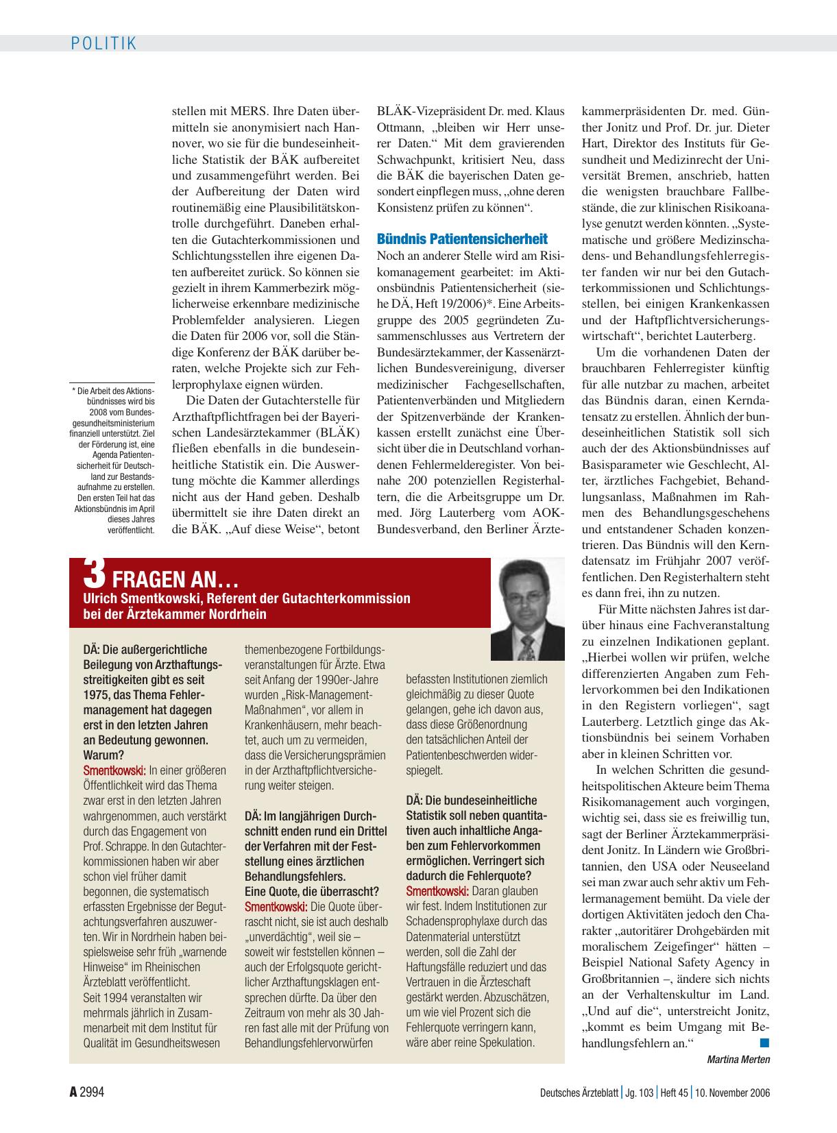 Vorschauseite 1: 3 Fragen an… Ulrich Smentkowski, Referent der Gutachterkommission bei der Ärztekammer Nordrhein