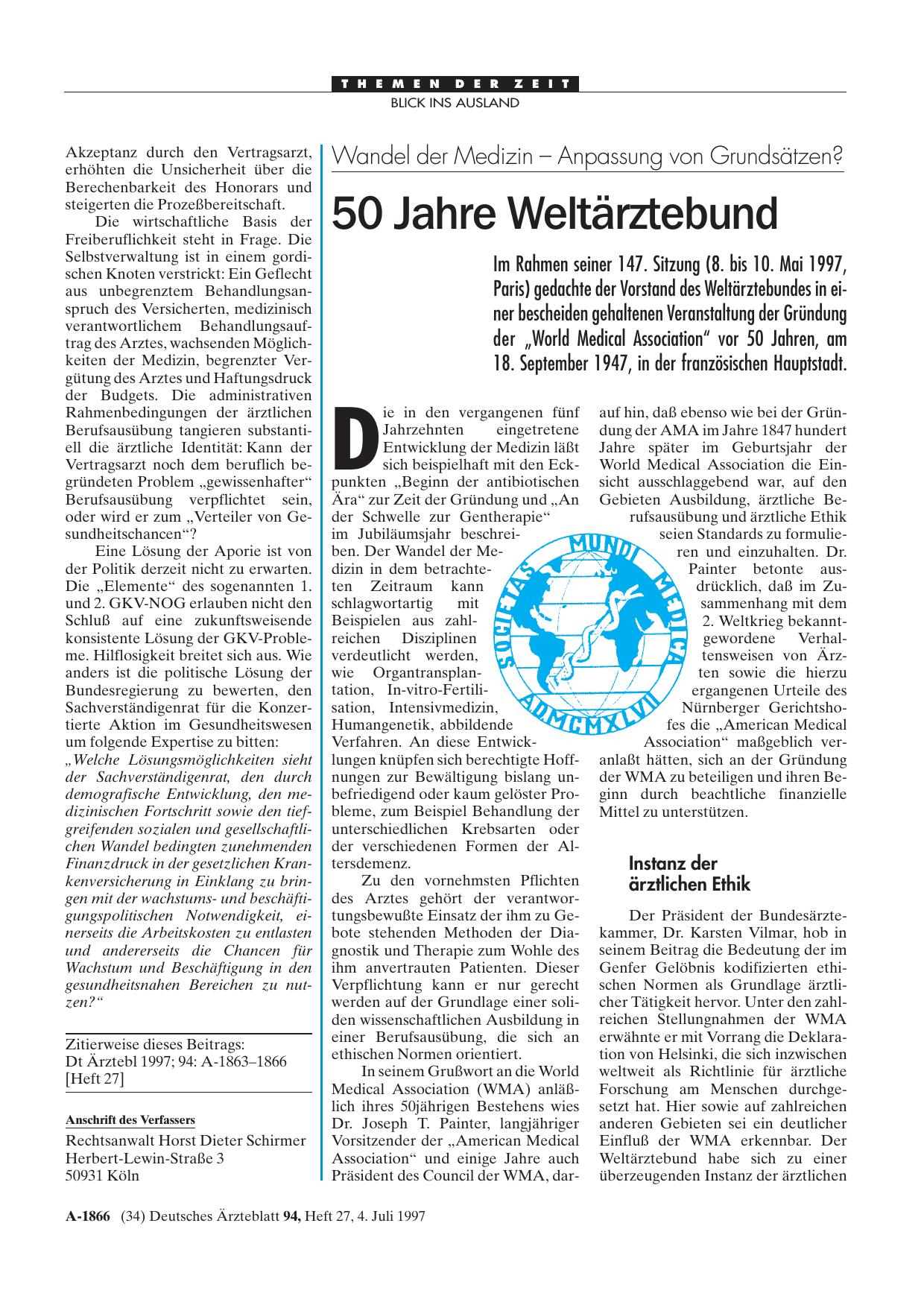 Vorschauseite 1: Wandel der Medizin - Anpassung von Grundsätzen? 50 Jahre Weltärztebund