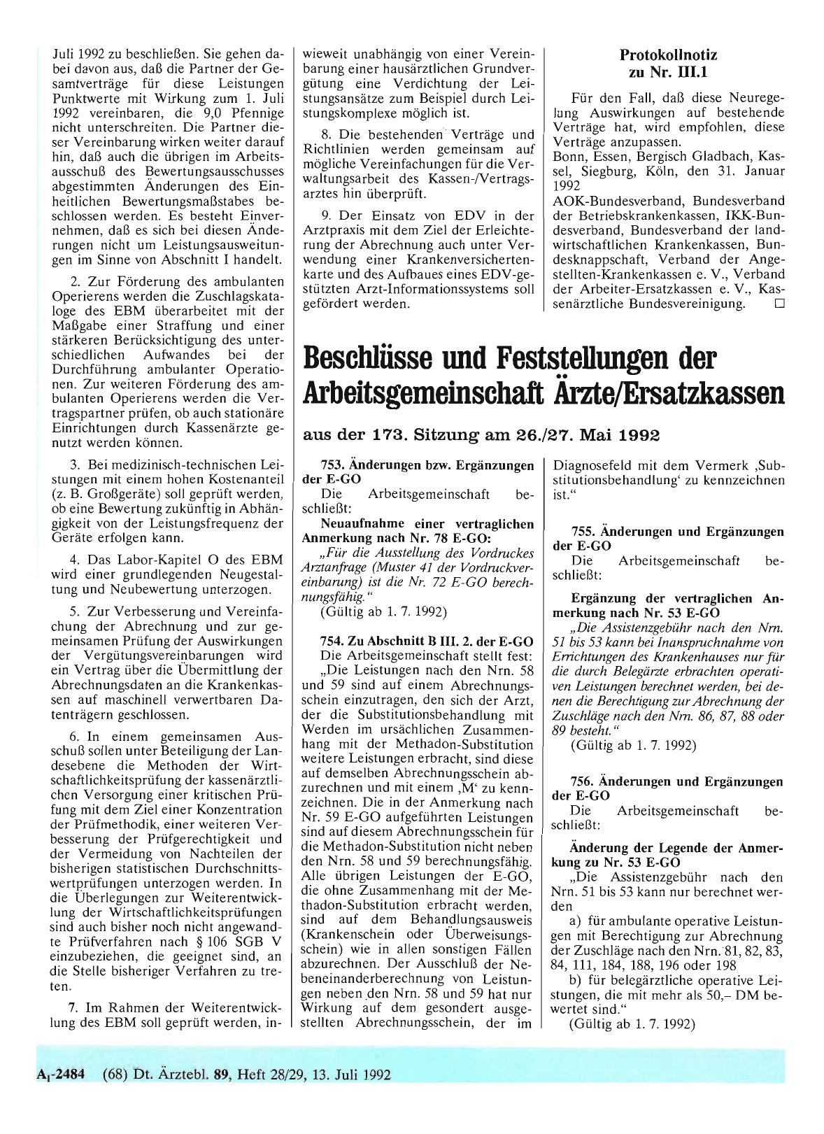 Vorschauseite 1: Beschlüsse und Feststellungen der Arbeitsgemeinschaft Ärzte/Ersatzkassen aus der 173. Sitzung am 26. /27. Mai 1992