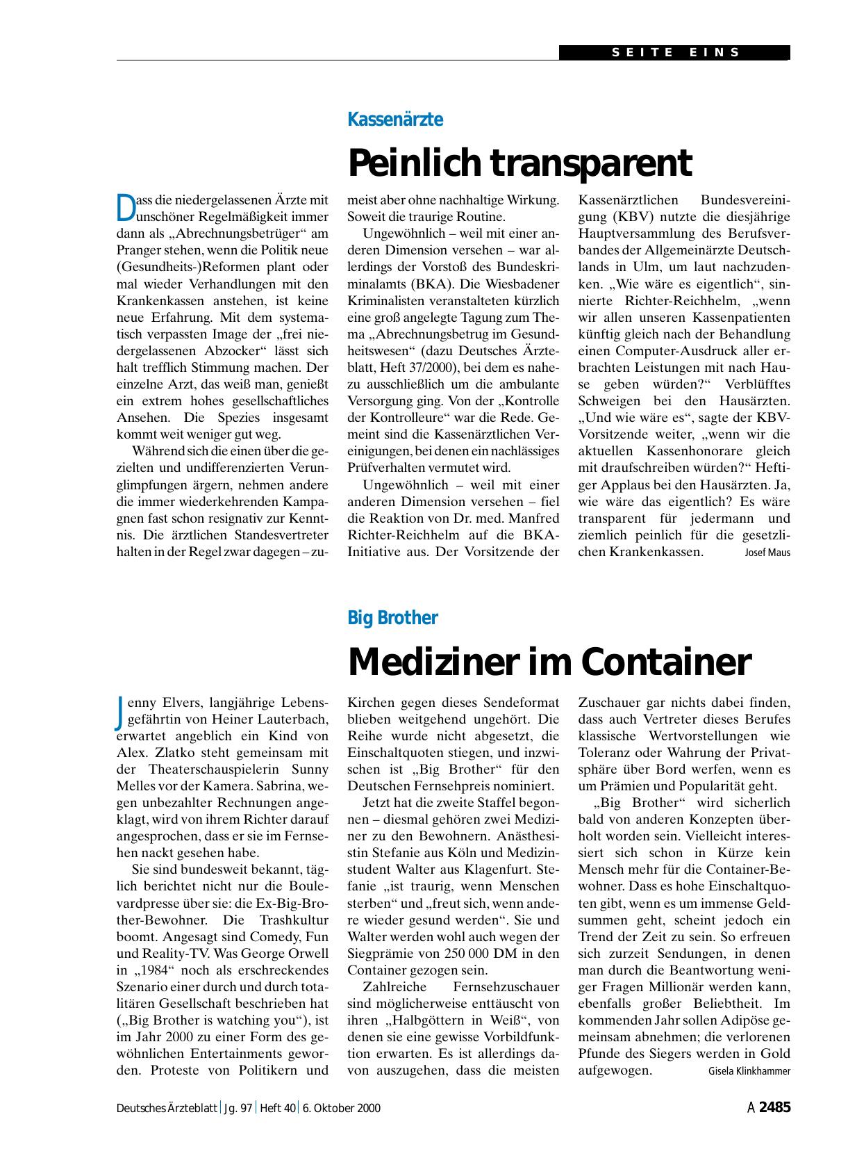 Vorschauseite 1: Kassenärzte: Peinlich transparent