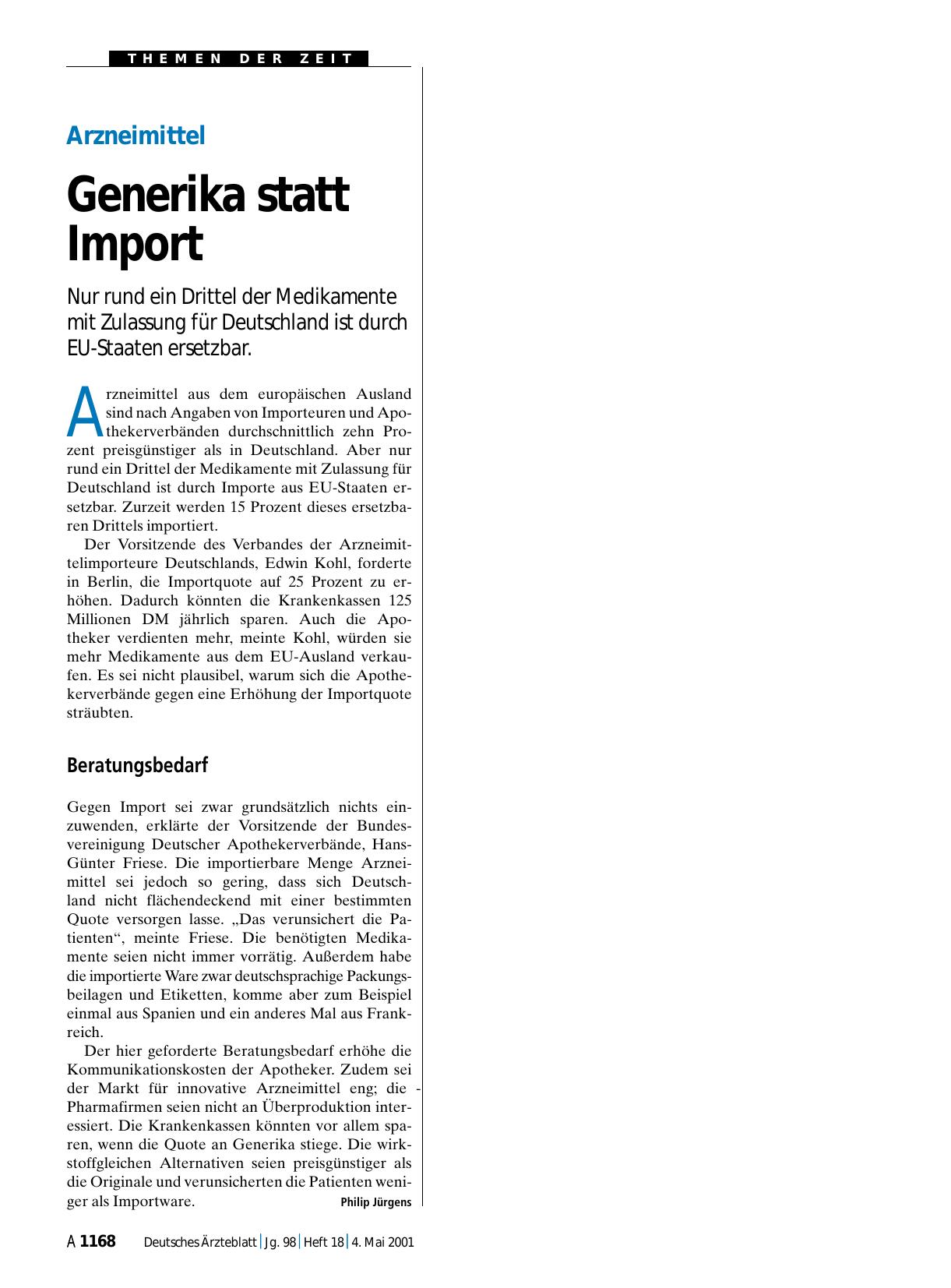 Vorschauseite 1: Arzneimittel: Generika statt Import