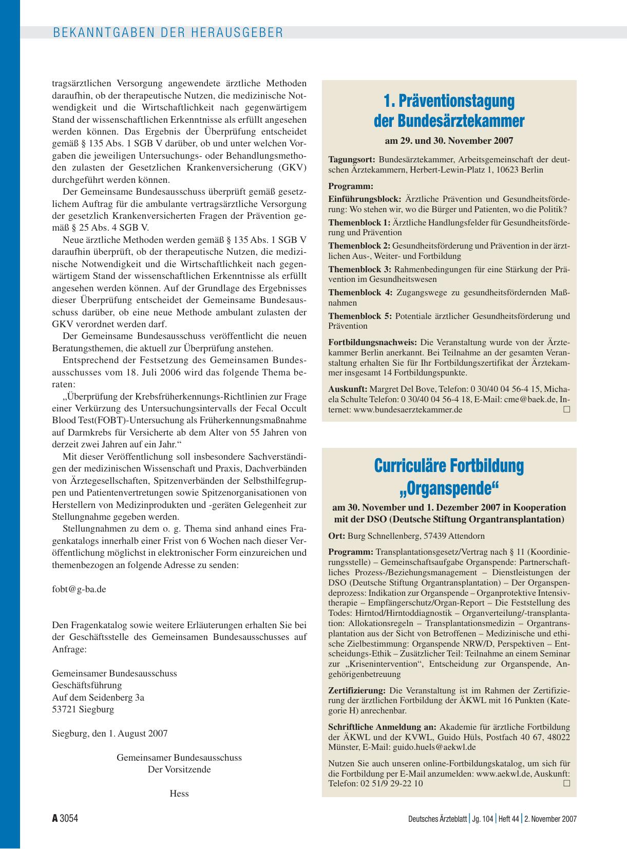 Vorschauseite 1: 1. Präventionstagung der Bundesärztekammer am 29. und 30. November 2007