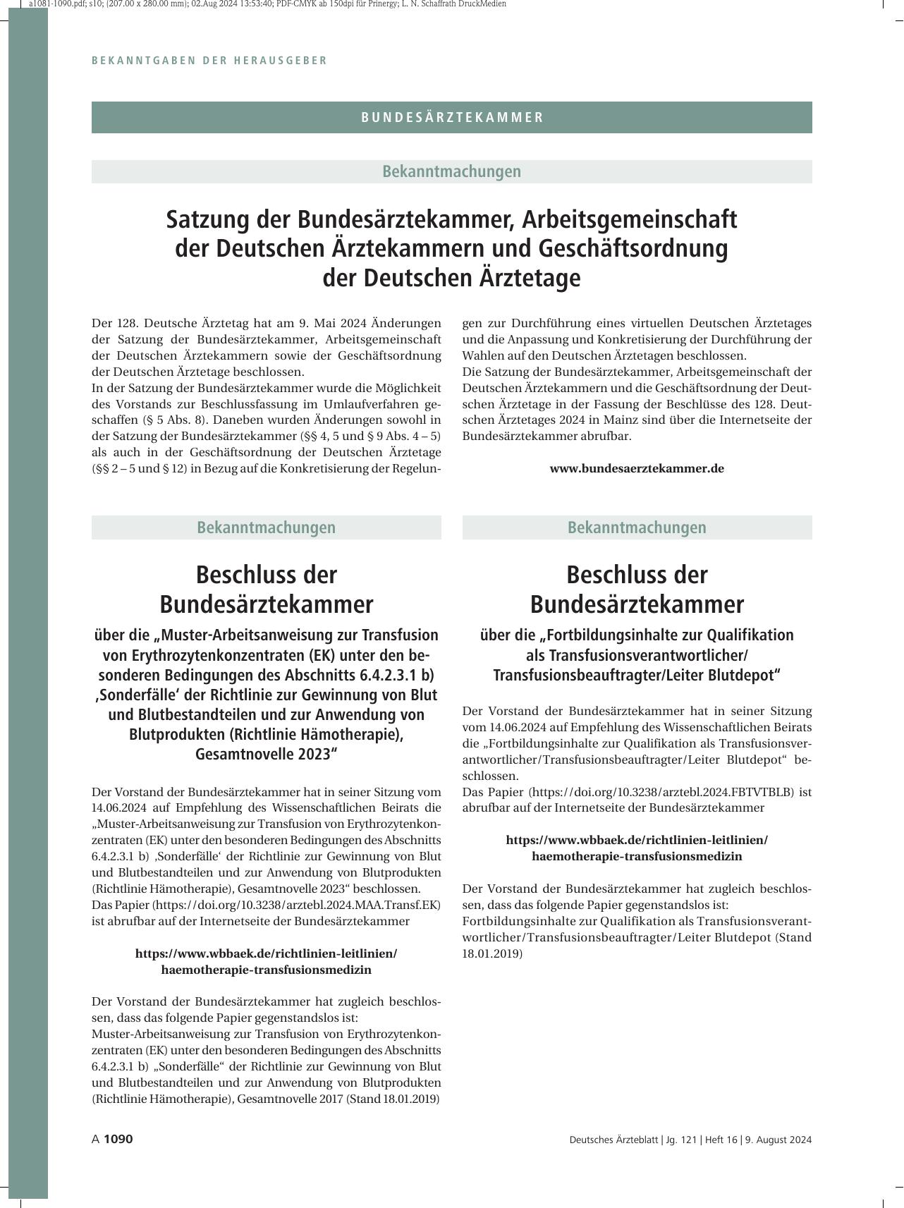 Vorschauseite 1: Beschluss der Bundesärztekammer über die „Fortbildungsinhalte zur Qualifikation als Transfusionsverantwortlicher/Transfusionsbeauftragter/Leiter Blutdepot“