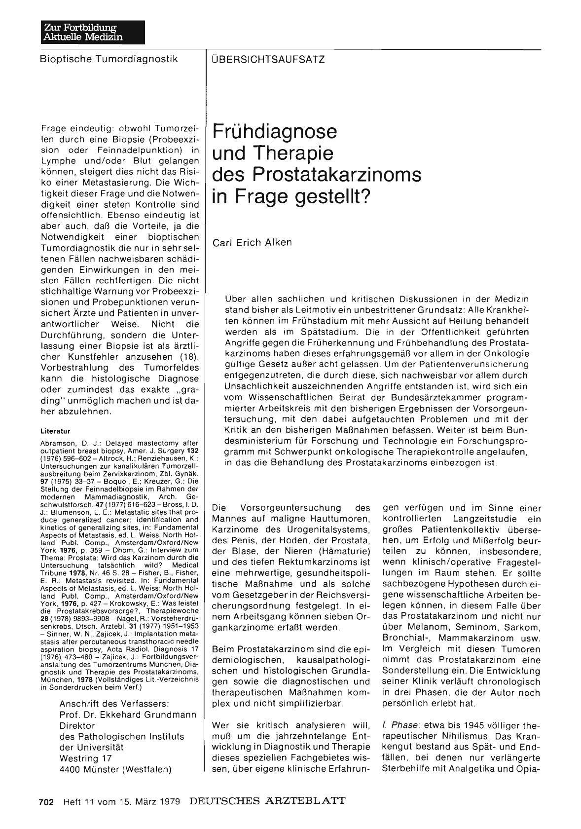 Vorschauseite 1: Frühdiagnose und Therapie des Prostatakarzinoms in Frage gestellt?