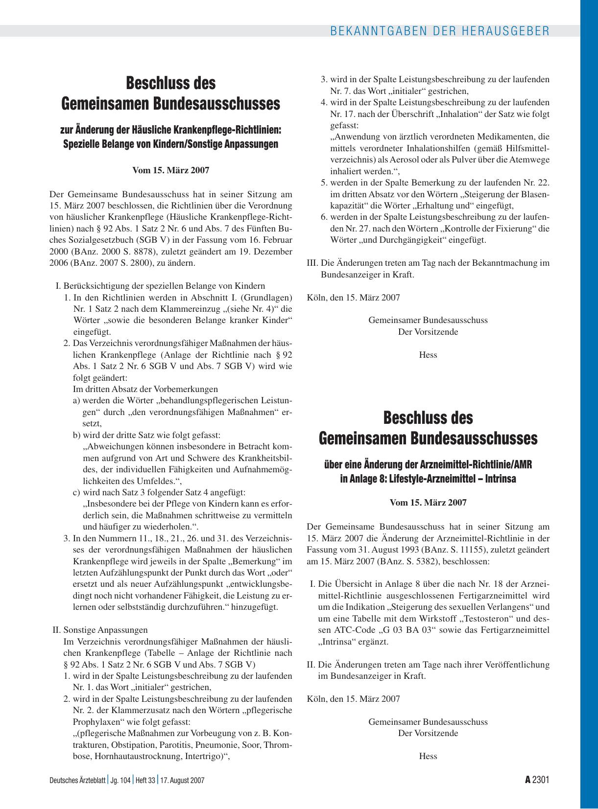 Vorschauseite 1: Beschluss des Gemeinsamen Bundesausschusses zur Änderung der Häusliche Krankenpflege-Richtlinien: Spezielle Belange von Kindern/Sonstige Anpassungen vom 15. März 2007
