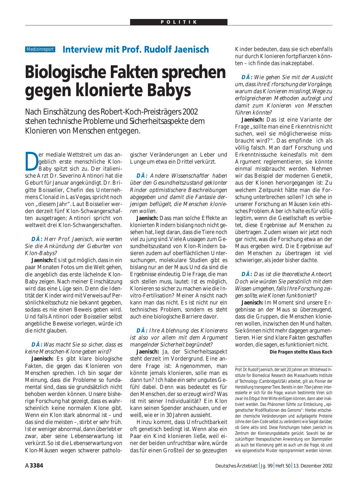 Vorschauseite 1: Interview mit Prof. Rudolf Jaenisch: Biologische Fakten sprechen gegen klonierte Babys