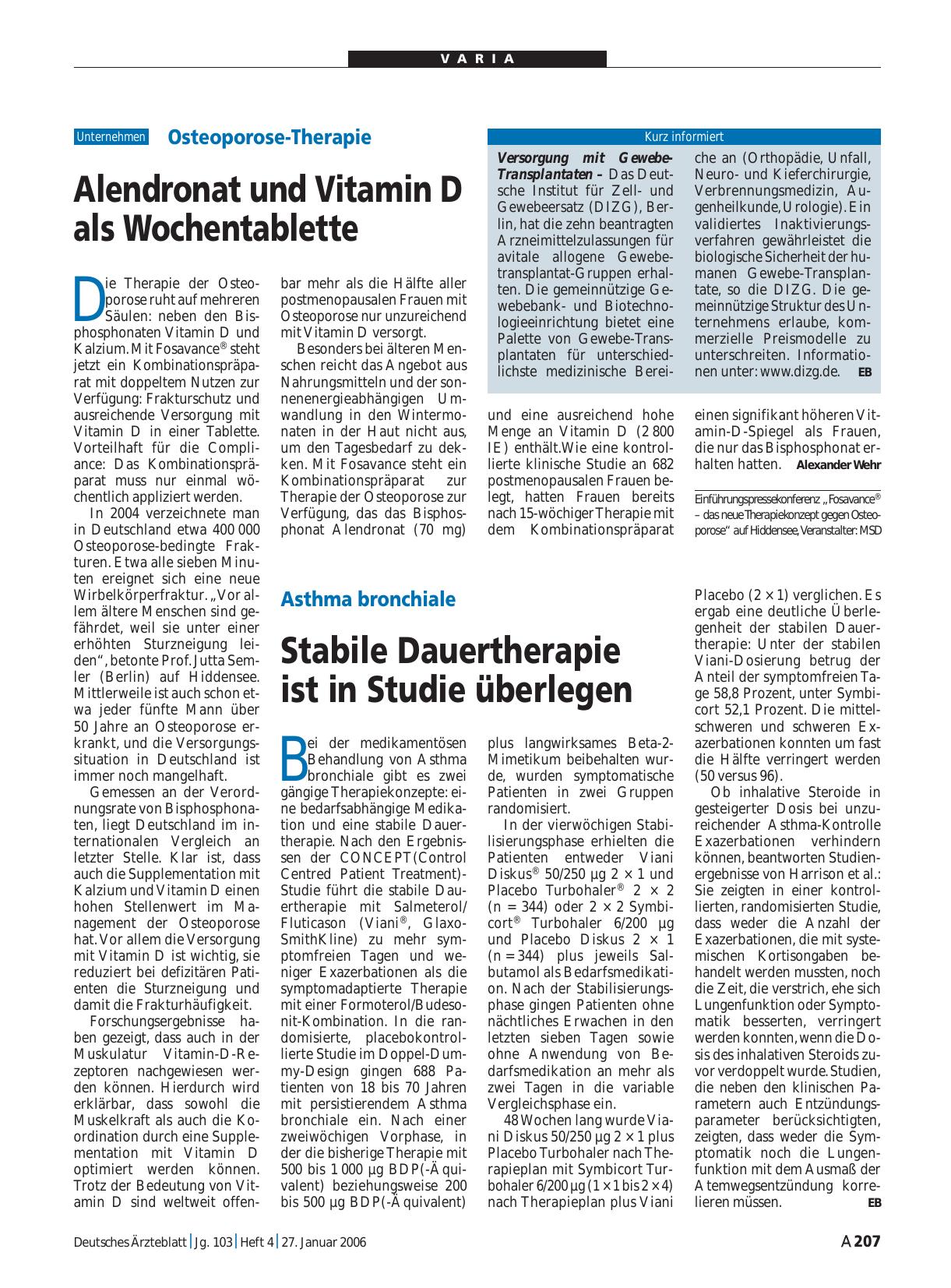 Vorschauseite 1: Osteoporose-Therapie: Alendronat und Vitamin D als Wochentablette