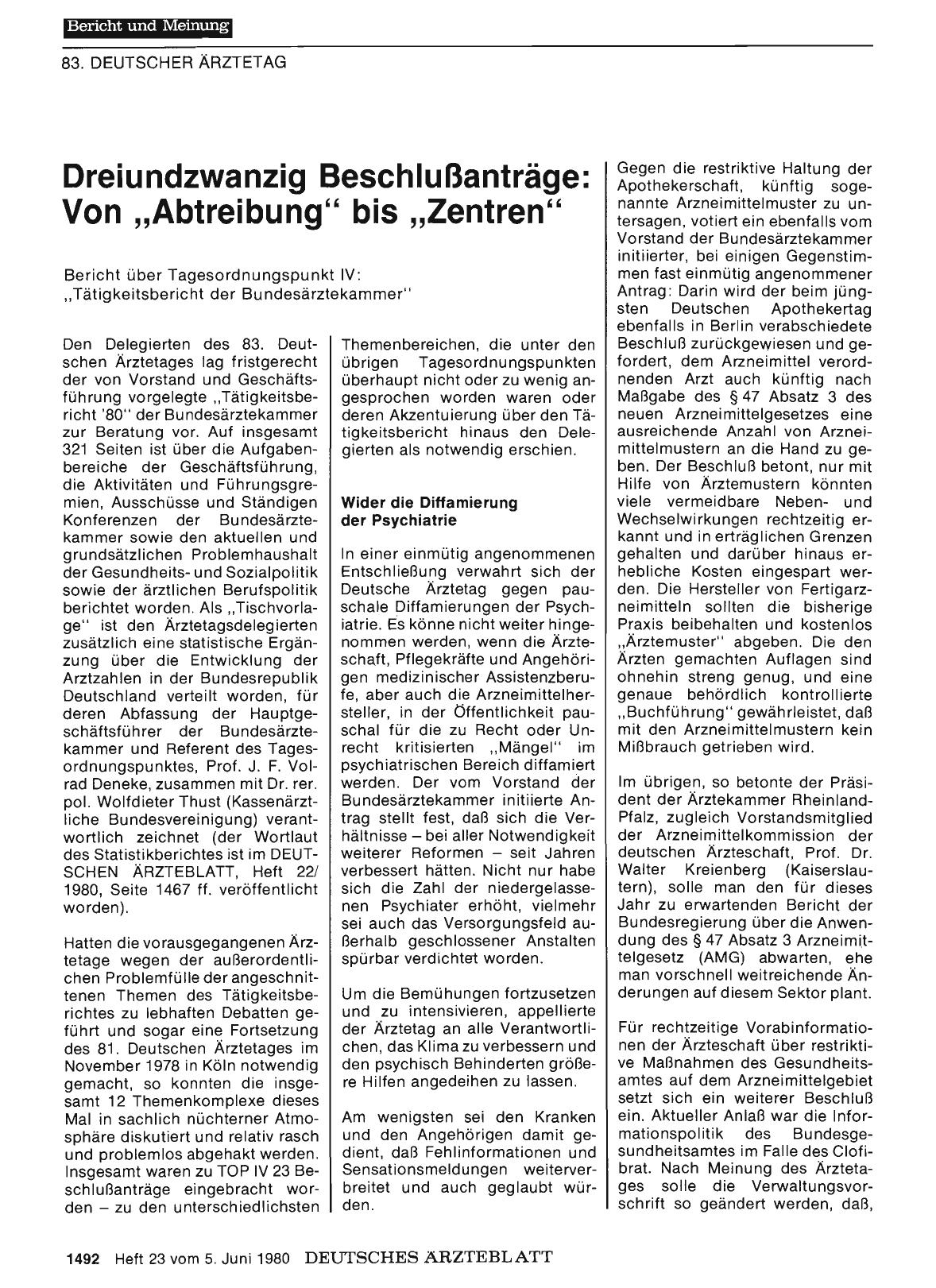 Vorschauseite 1: Dreiundzwanzig Beschlußanträge: Von „Abtreibung“ bis „Zentren“