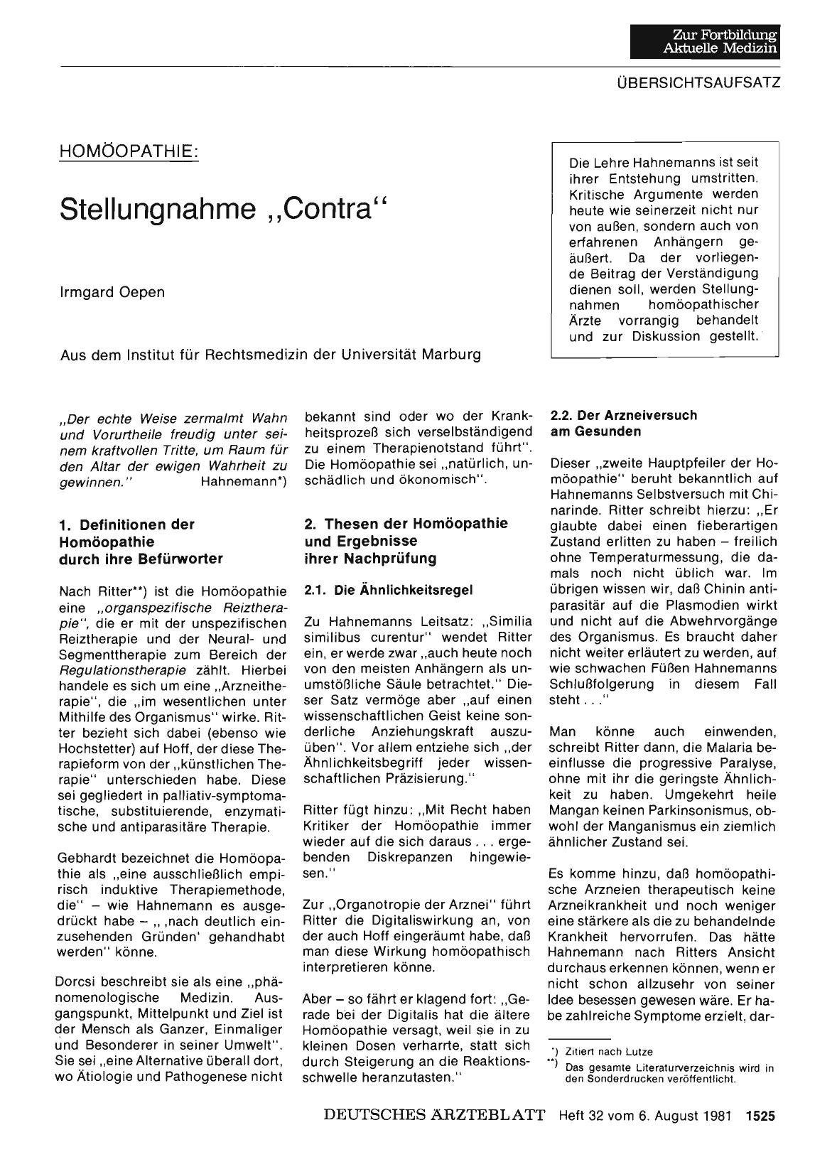 Vorschauseite 1: HOMÖOPATHIE: Stellungnahme „Contra"