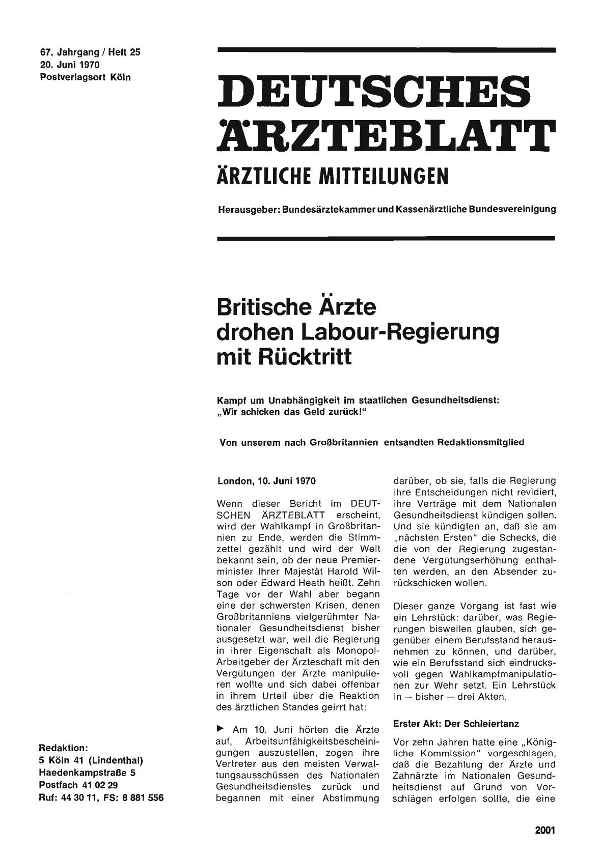 Vorschauseite 1: Britische Ärzte drohen Labour-Regierung mit Rücktritt