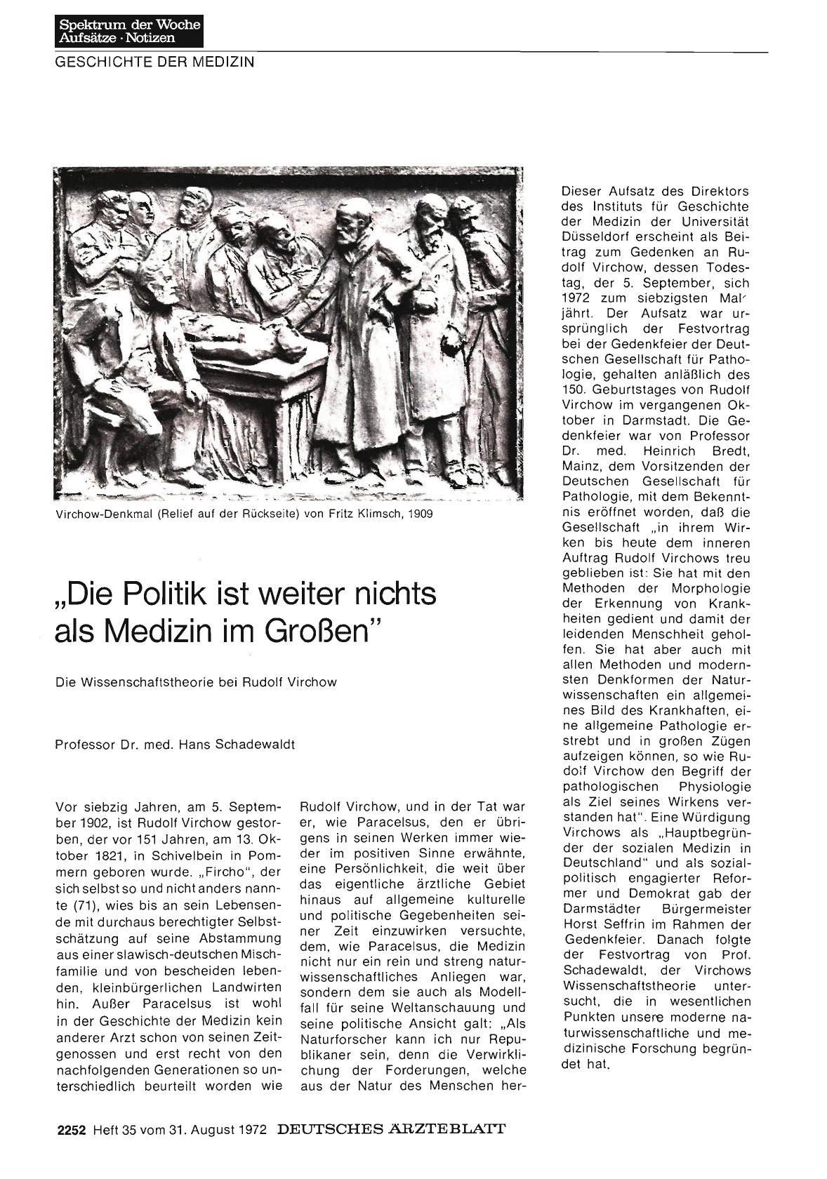 Vorschauseite 1: „Die Politik ist weiter nichts als Medizin im Großen. " Die Wissenschaftstheorie bei Rudolf Virchow
